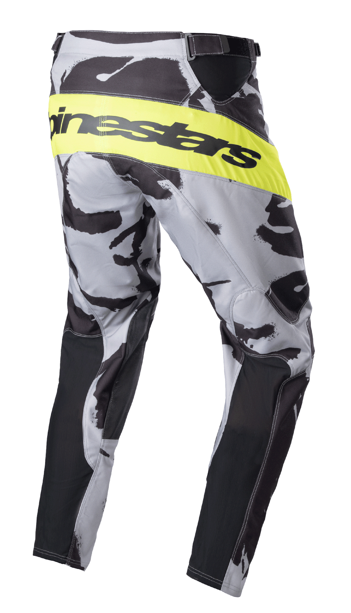 Alpinestars Pantaloni Racer Tactical 2023, pantaloni da motocross, Grigio Camo e Giallo Fluo, vista posteriore-laterale con fascia giallo fluorescente e logo Alpinestars nero, motivo mimetico con pannelli neri sull'interno gamba, abbigliamento tecnico da fuoristrada