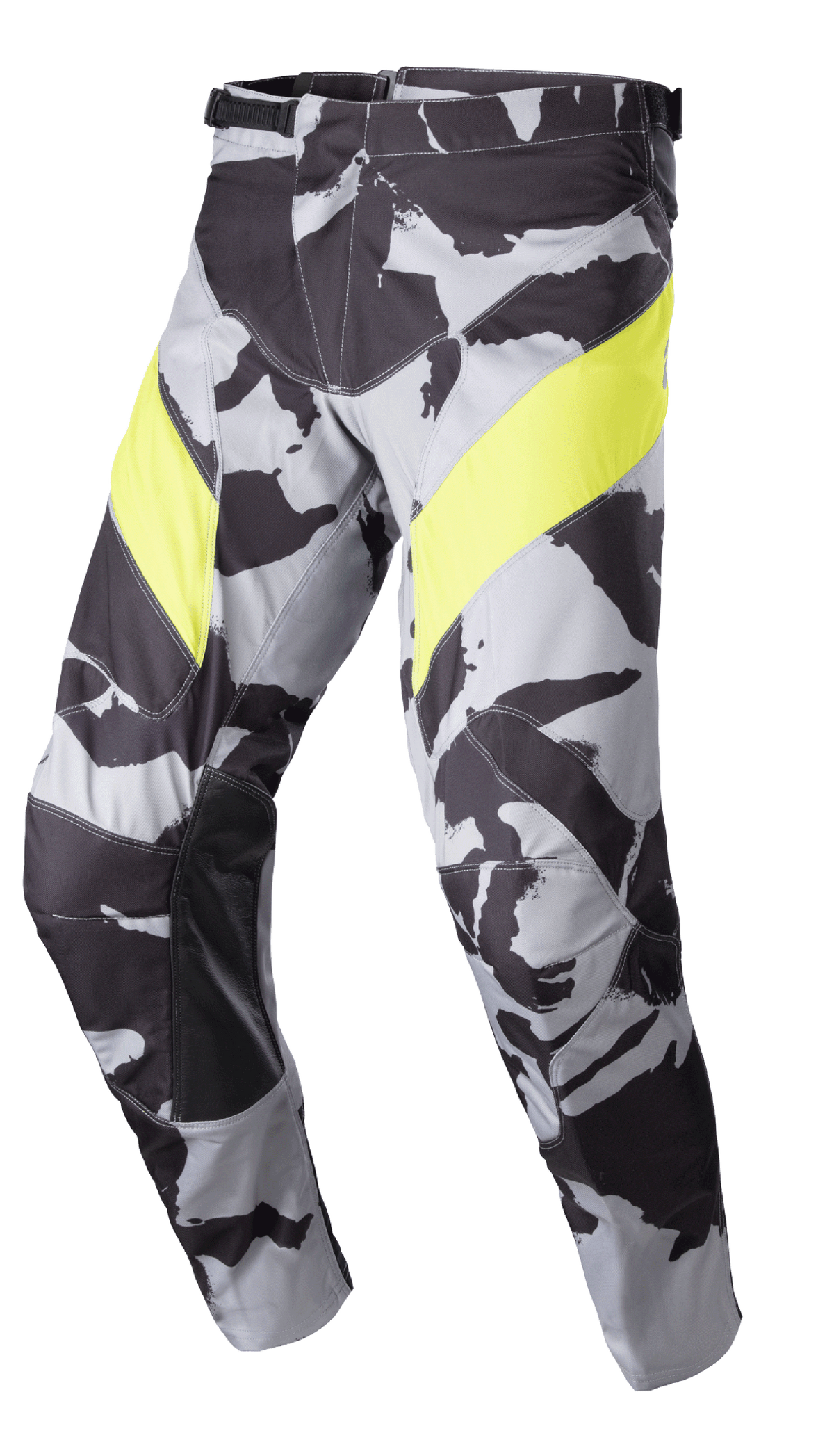 Alpinestars 2023 Racer Tactical Pants, pantaloni da motocross, Cast Gray Camo e Giallo Fluo, con motivo mimetico grigio, vivaci pannelli gialli sulle cosce, rinforzi interni in pelle nera sulle ginocchia e chiusura a cricchetto in vita per corse fuoristrada.