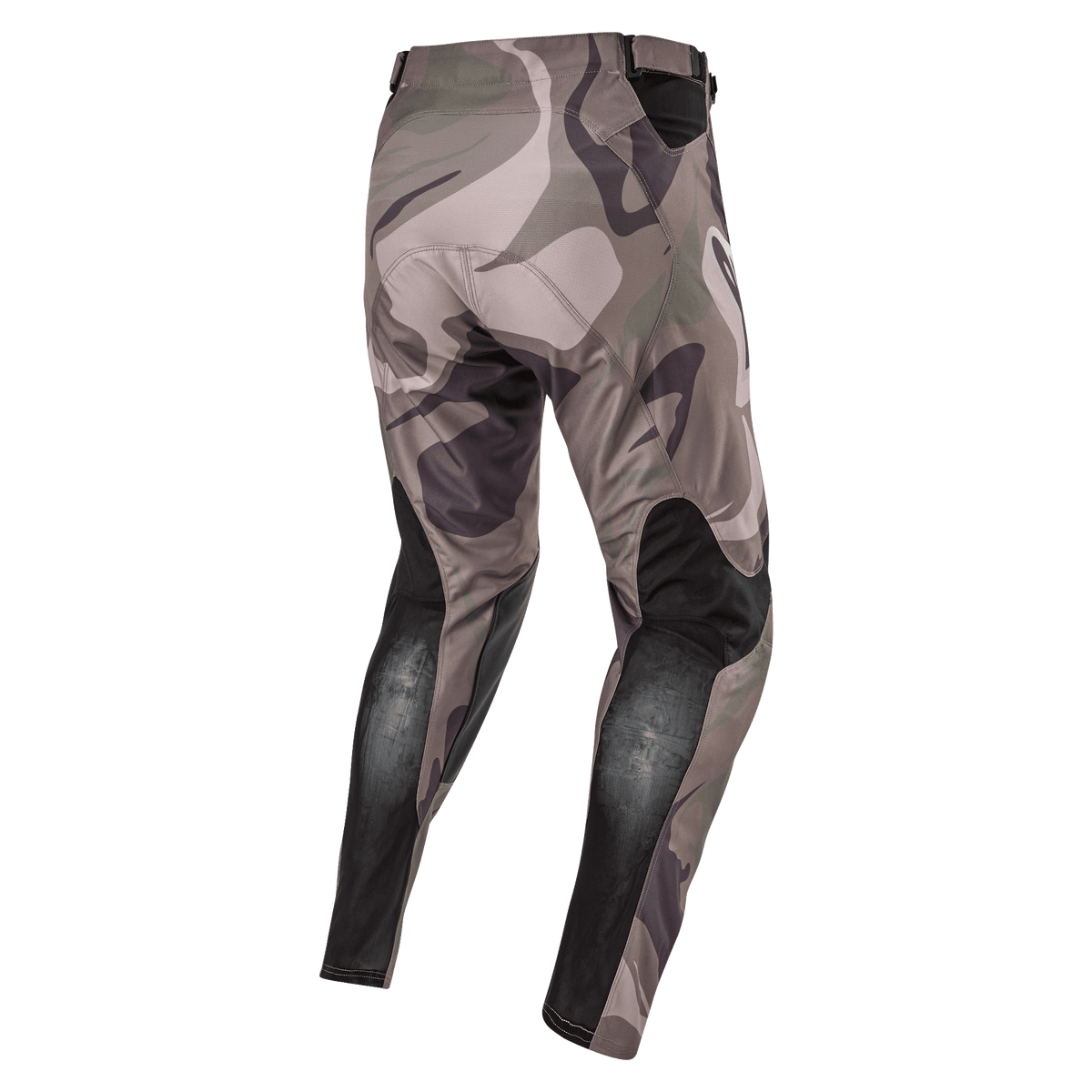 Alpinestars Pantaloni Racer Tactical 2024, pantaloni da motocross, mimetico verde militare e marrone, vista posteriore con pannelli elasticizzati neri traspiranti sulla parte inferiore delle gambe e design camouflage, tessuto resistente per gare fuoristrada