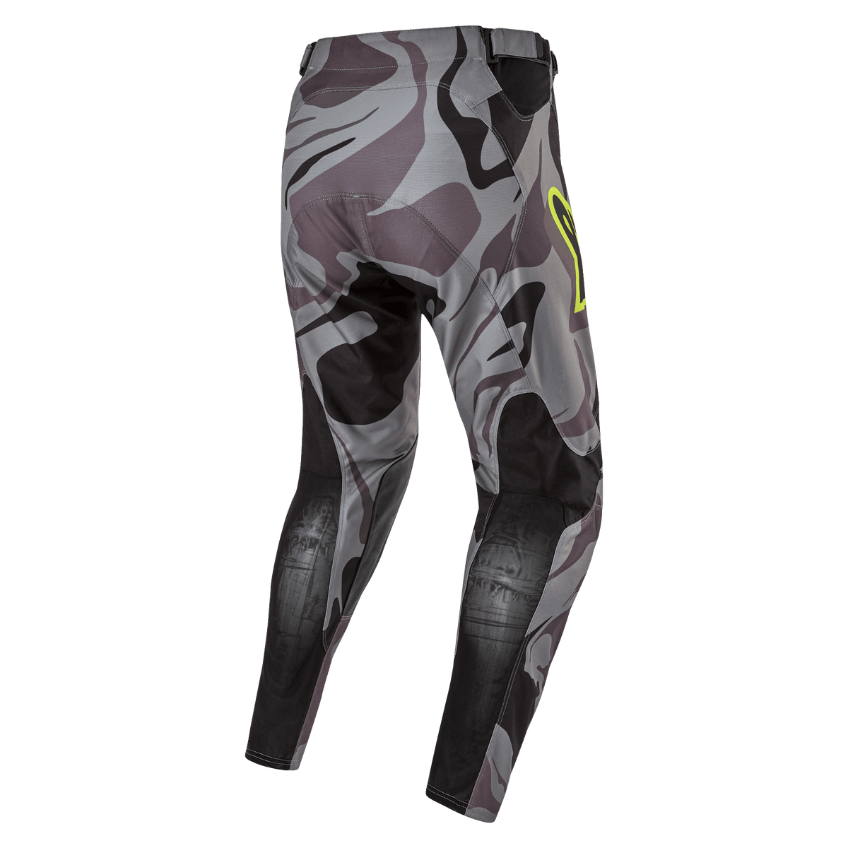Alpinestars 2024 Racer Tactical Pants, pantaloni da motocross, Cast Gray Camo Magnet, vista posteriore con motivo mimetico grigio e pannelli rinforzati neri, dettaglio logo giallo sul fianco, materiale tecnico rip-stop per gare fuoristrada
