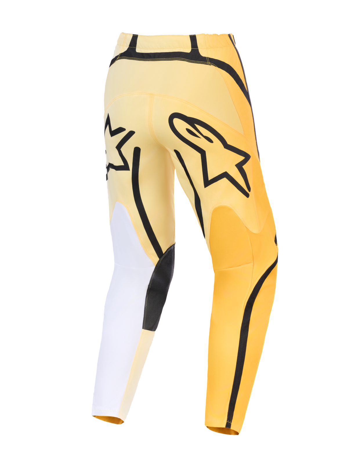 Alpinestars 2026 Fluid Apex Pants, pantaloni da motocross, giallo e nero con accenti bianchi, vista posteriore con logo Astars nero, design asimmetrico con pannelli rinforzati e vestibilità pre-curvata