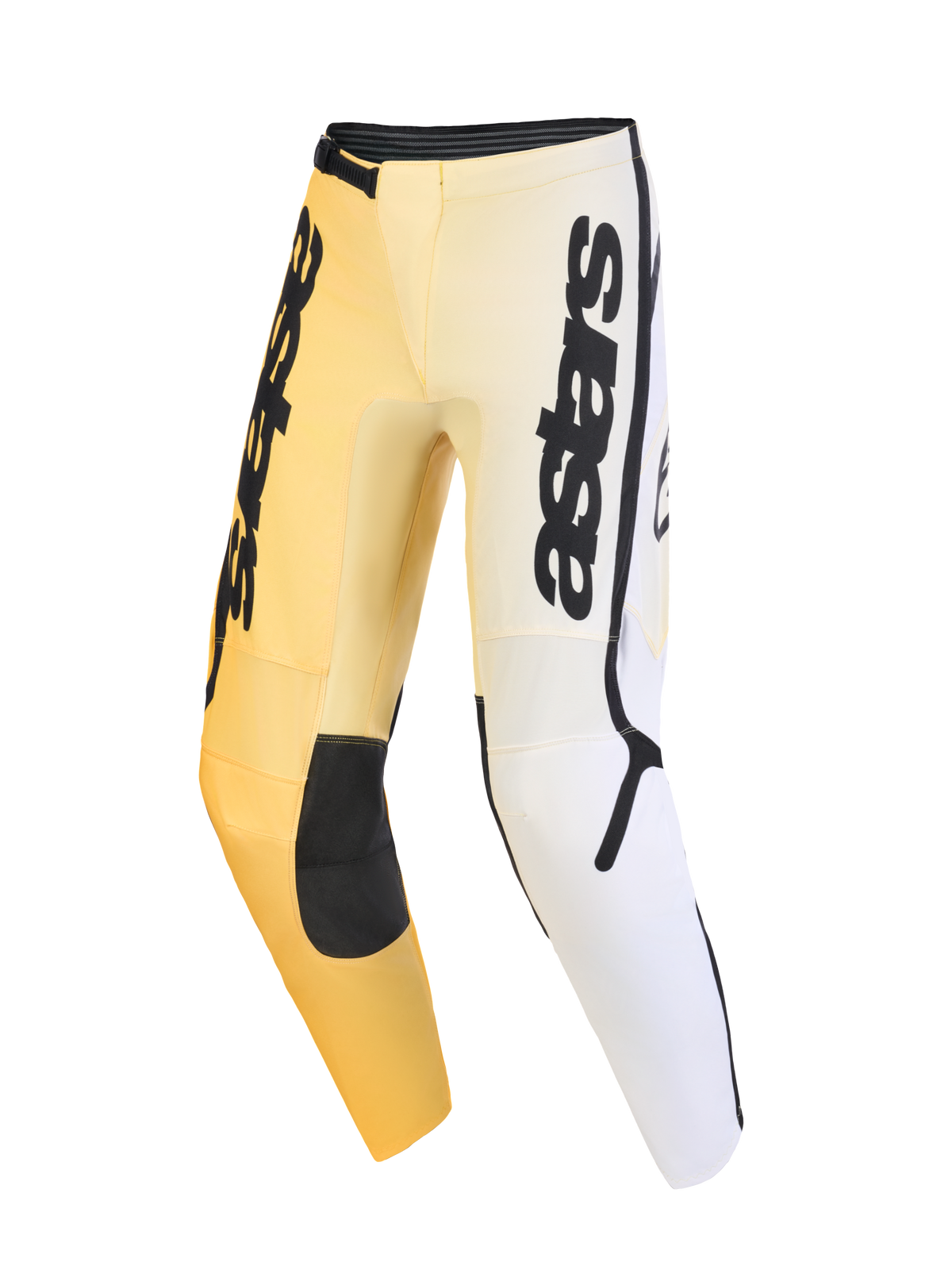 Alpinestars 2026 Fluid Apex Pants, pantaloni da motocross, giallo, bianco e nero, con design sfumato, logo astars verticale sulle cosce, pannelli rinforzati neri sulle ginocchia e design ergonomico pre-curvato per prestazioni off-road.