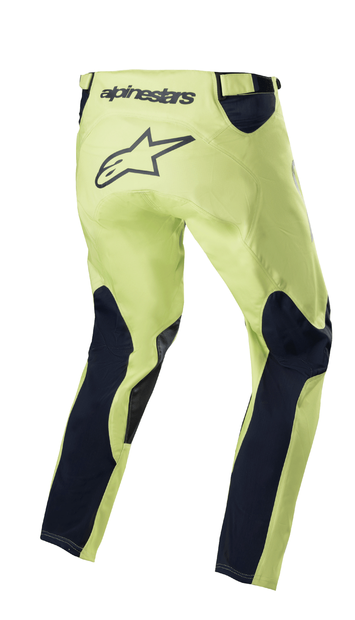 Alpinestars 2023 Racer Hoen Pants, pantaloni da motocross, verde fluorite e blu notte, vista posteriore con telaio verde neon e pannelli delle gambe blu notte, grande logo a stella nero sulla zona della seduta, design ergonomico pre-curvato per corse fuoristrada
