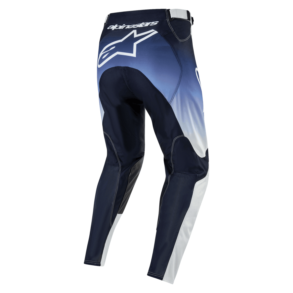 Alpinestars 2024 Racer Hoen Pants, pantaloni da motocross, blu navy, azzurro e bianco, vista posteriore con grande logo Alpinestars sul retro, equipaggiamento tecnico per fuoristrada