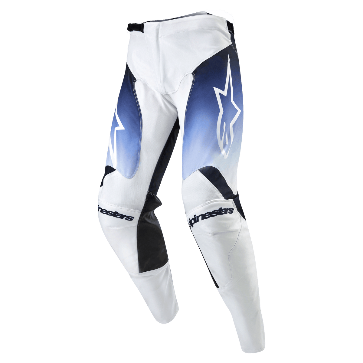 Alpinestars 2024 Racer Hoen Pants, pantaloni da motocross, bianco con pannelli blu navy e azzurro, logo a stella bianco, scritte Alpinestars sulle ginocchia, dettagli neri e design sportivo per fuoristrada