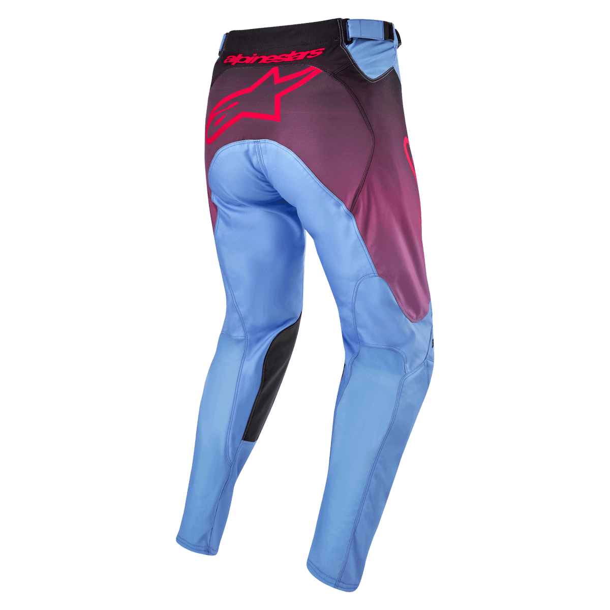 Alpinestars Pantaloni Racer Hoen 2024, pantaloni da motocross, viola Lavan e nero, vista posteriore con gambe azzurre, grande logo Alpinestars rosa sulla seduta, pannelli interni neri sulle ginocchia e costruzione ergonomica pre-curvata per la guida fuoristrada