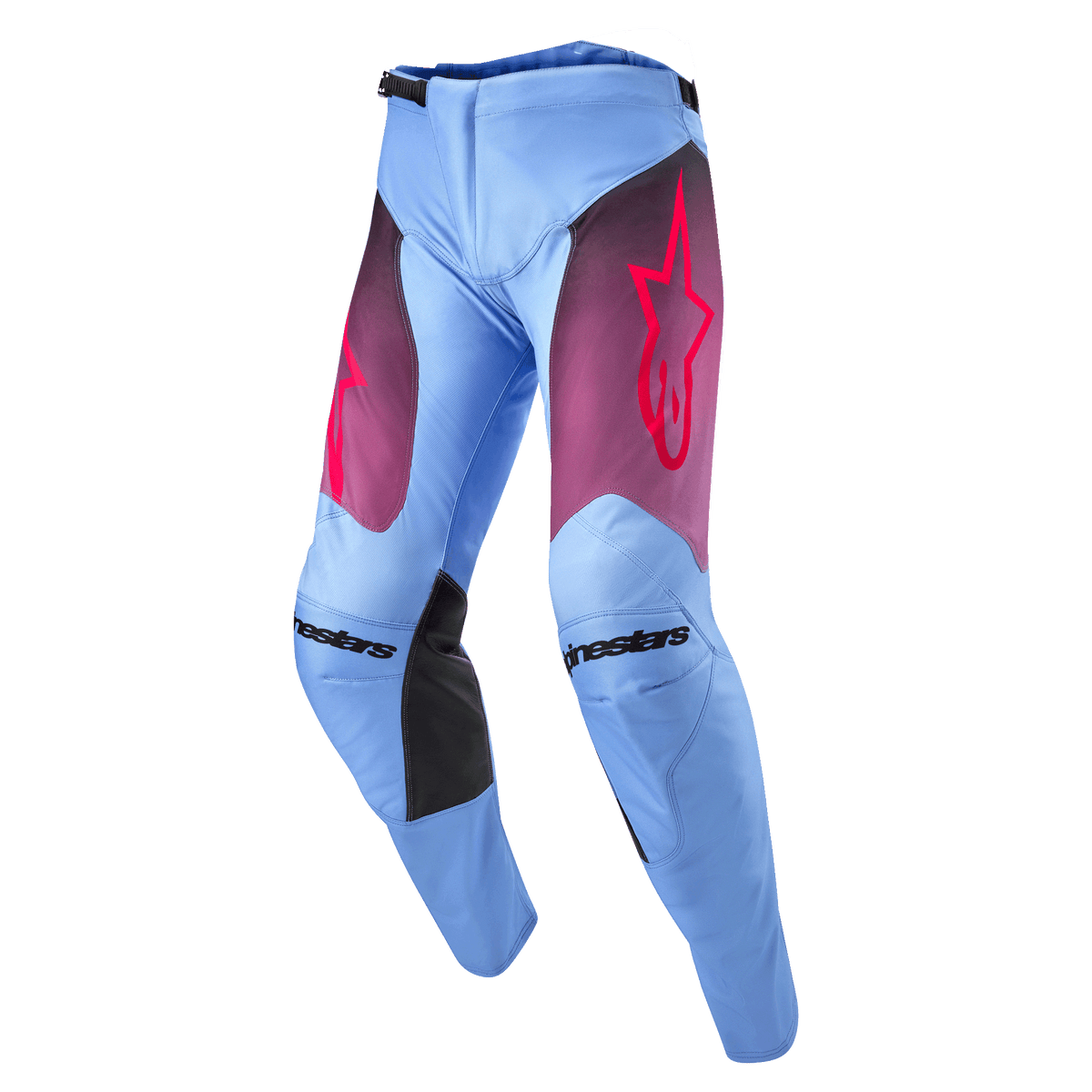 Alpinestars 2024 Racer Hoen Pants, pantaloni da motocross, Lavan Purple e nero, base azzurro lavanda con pannelli sulle cosce sfumati in viola e logo a stella rosa, pannelli interni alle ginocchia neri, design ergonomico pre-curvato per prestazioni fuoristrada
