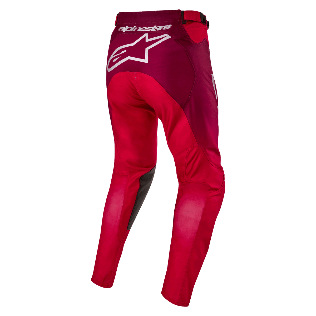 Alpinestars pantaloni Racer Hoen 2024, pantaloni da motocross, rosso Mars e bordeaux, vista posteriore con grande logo Alpinestars bianco sulla seduta, costruzione ergonomica della gamba pre-curvata, materiale tessile resistente per corse fuoristrada