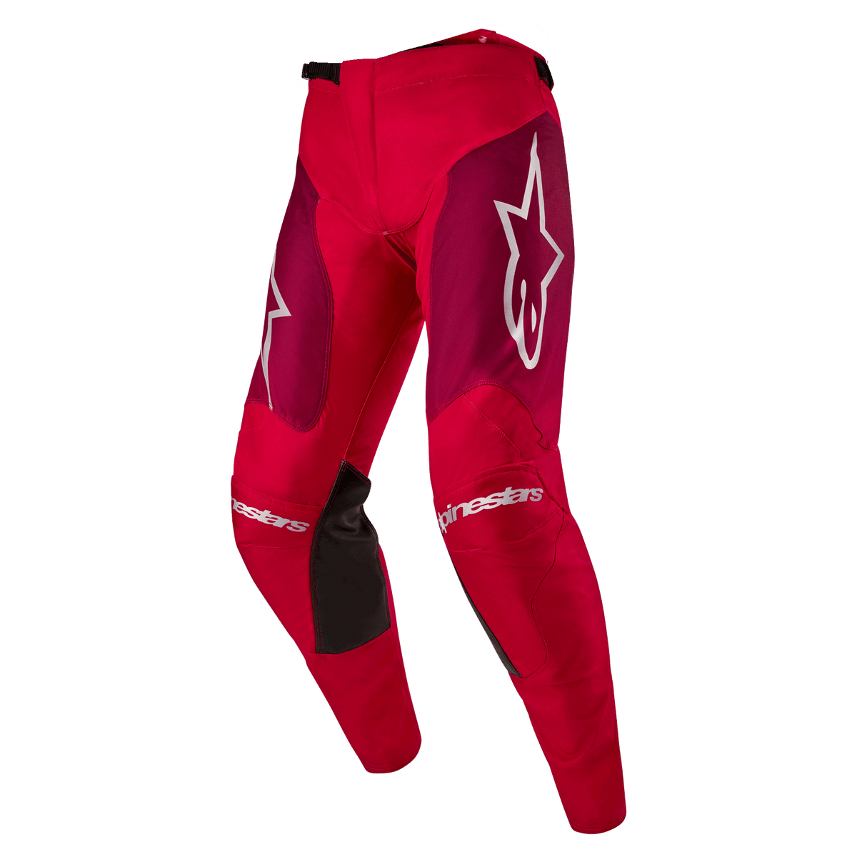 Alpinestars 2024 Racer Hoen Pants, pantaloni da motocross, rosso Mars bordeaux, con pannelli bordeaux sulle cosce e branding Alpinestars bianco su ginocchia e fianchi, pannelli interni al ginocchio neri, design sportivo pre-curvato per prestazioni fuoristrada