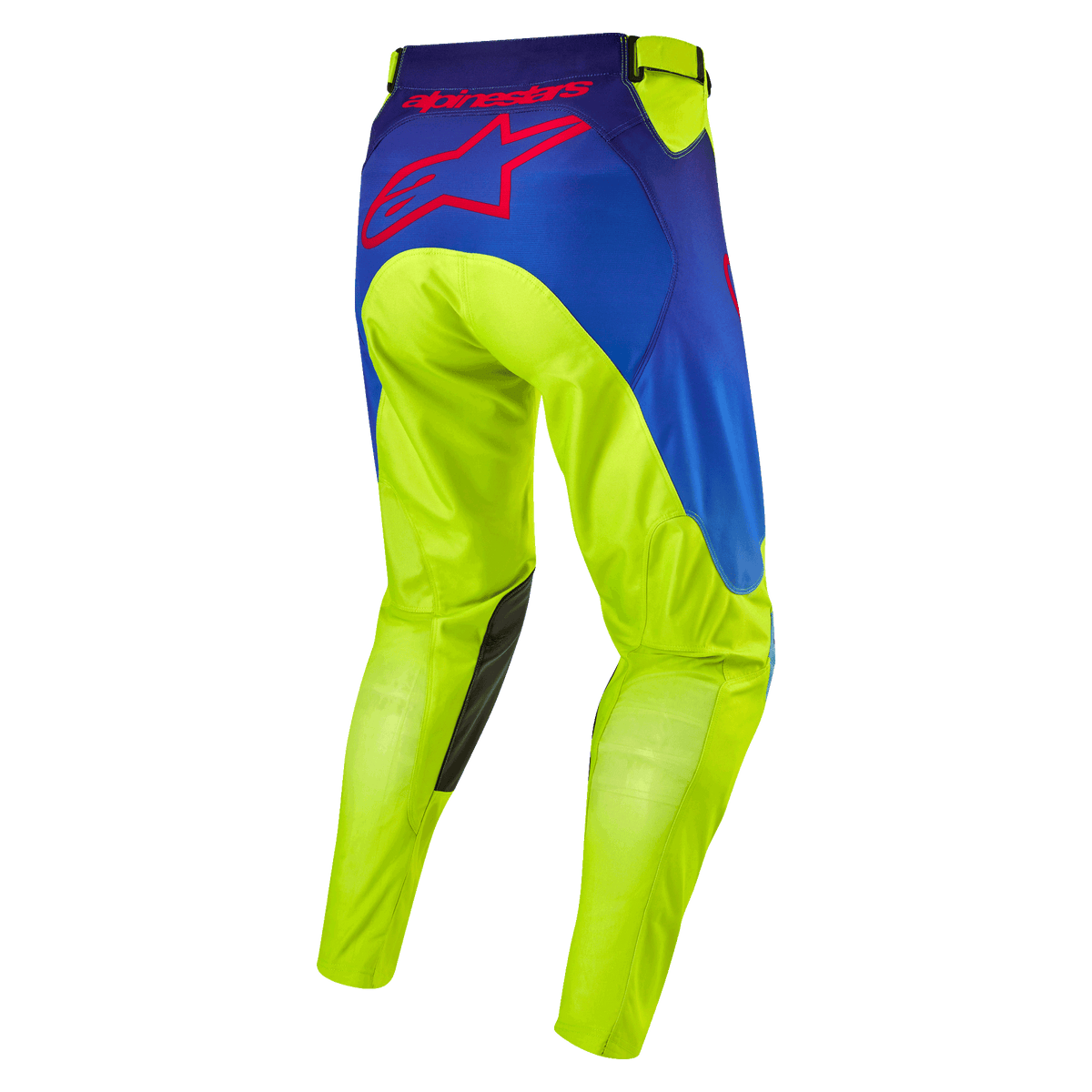 Alpinestars Pantaloni Racer Hoen 2024, pantaloni da motocross, giallo fluo e blu night navy, vista posteriore con grande logo a stella Alpinestars rosso, rinforzi interni alle ginocchia in pelle scura, tessuto tecnico resistente per gare fuori strada
