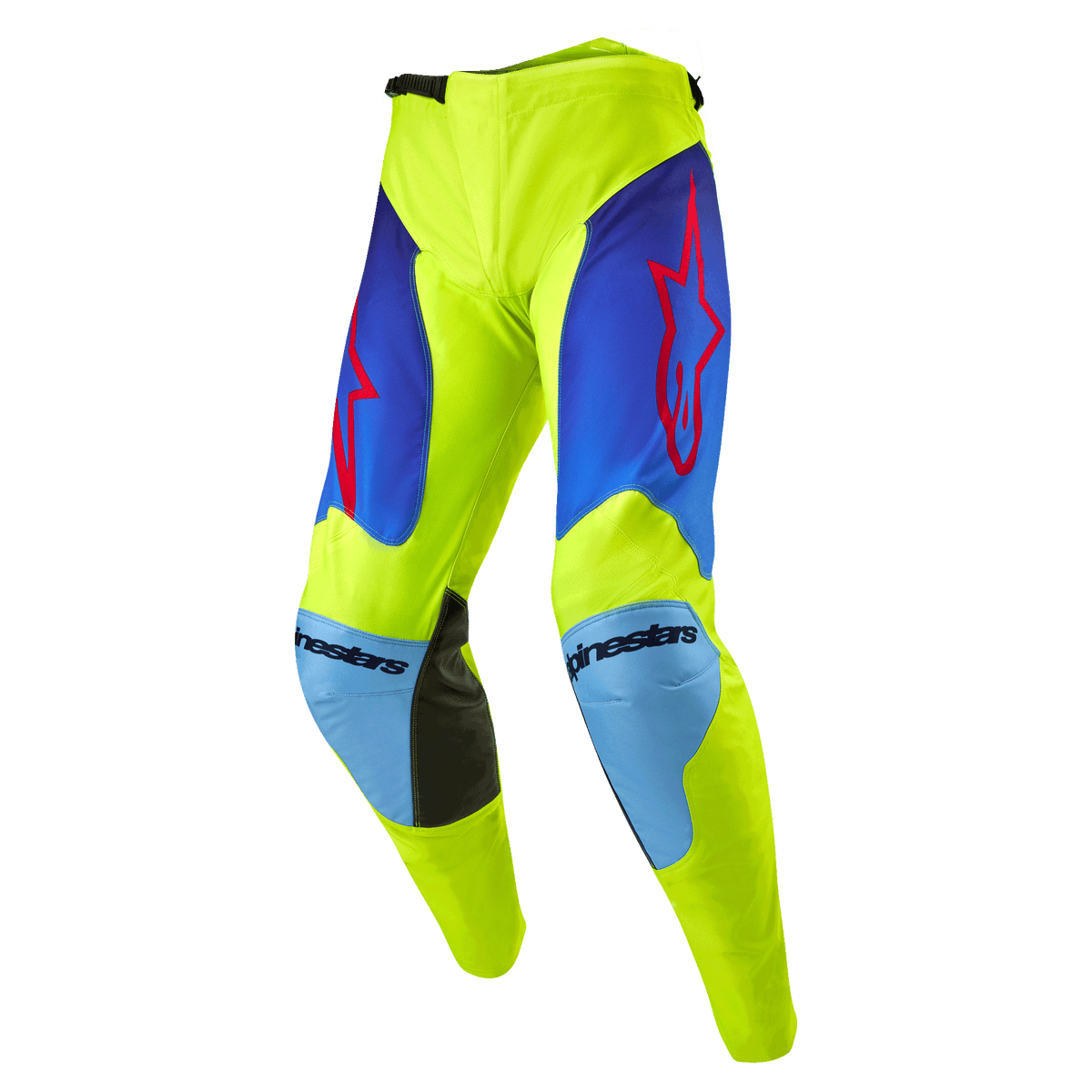 Alpinestars Pantaloni Racer Hoen 2024, pantaloni da motocross, giallo fluo e blu night navy, con loghi a stella rossi sulle cosce, pannelli azzurri sulle ginocchia con rinforzi interni in pelle nera, costruzione sportiva pre-curvata per corse fuoristrada