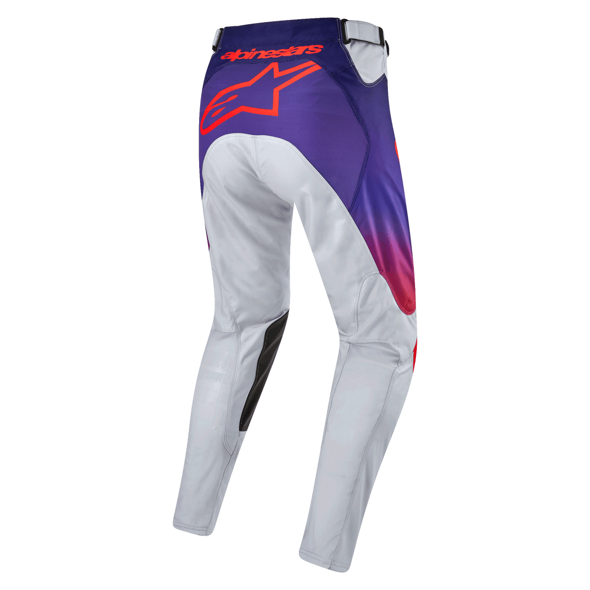 Alpinestars 2024 Racer Hoen Pants, pantaloni da motocross, grigio chiaro con accenti arancione acceso e viola, vista posteriore con logo a stella e scritte Alpinestars, design tecnico per fuoristrada
