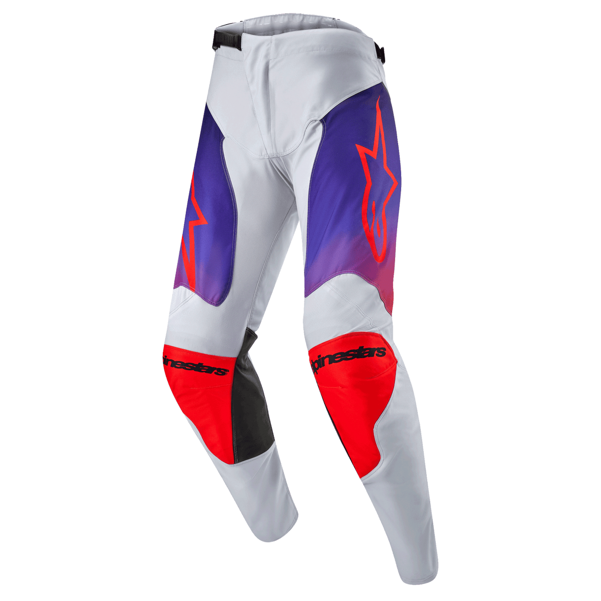 Alpinestars 2024 Racer Hoen Pants, pantaloni da motocross, grigio chiaro con pannelli viola e arancione acceso, logo a stella arancione, scritte Alpinestars sulle ginocchia, equipaggiamento protettivo per fuoristrada