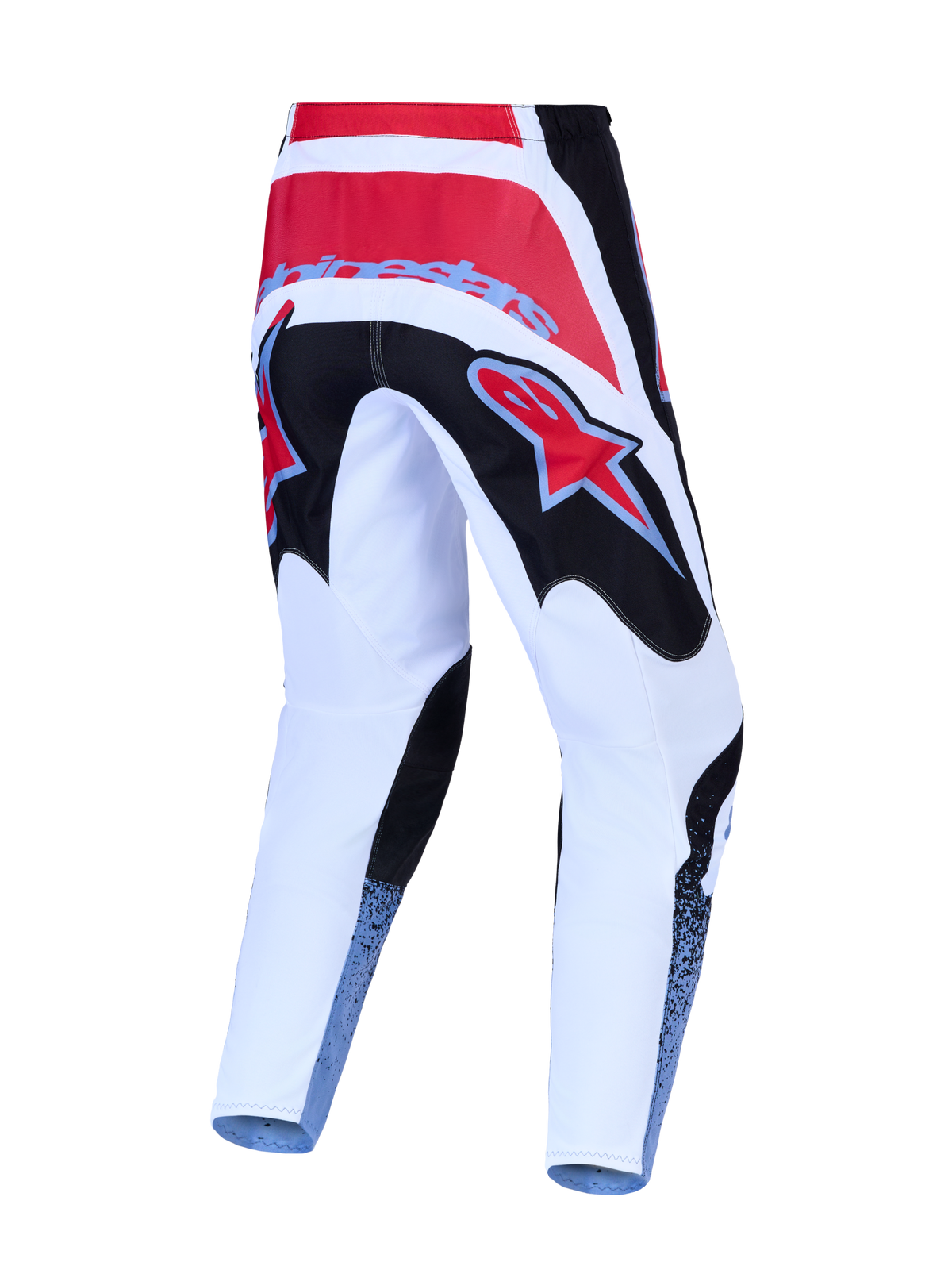 Alpinestars Pantaloni Fluid Drag, pantaloni da motocross rossi, bianchi e neri, vista posteriore, in poliestere 600D.