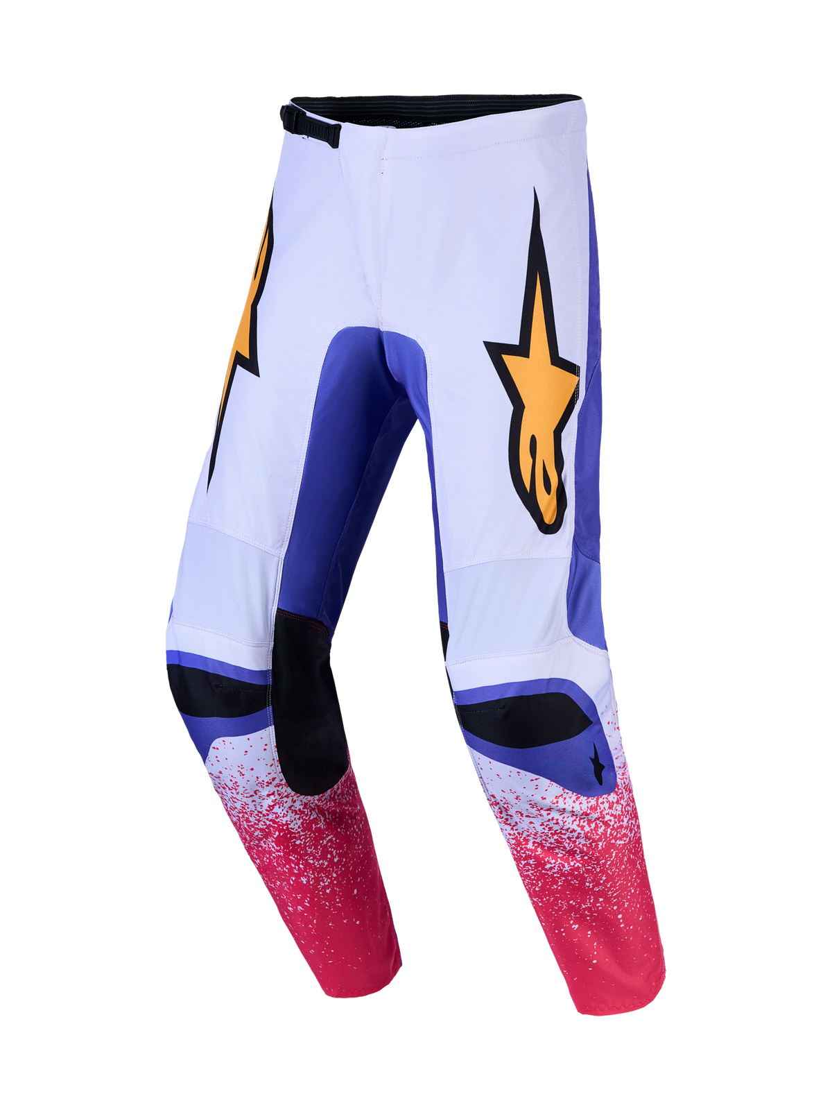 Alpinestars Pantaloni Fluid Drag, pantaloni da motocross bianchi e blu con grafiche rosa e logo a stella giallo.