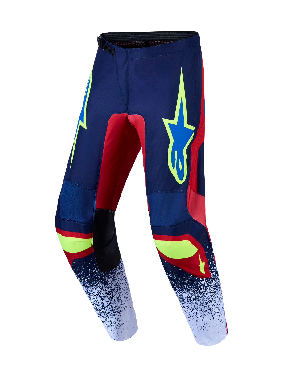Alpinestars Pantaloni Fluid Drag 2027, pantaloni da motocross blu navy e rossi con dettagli giallo neon, in tessuto sintetico protettivo per off-road