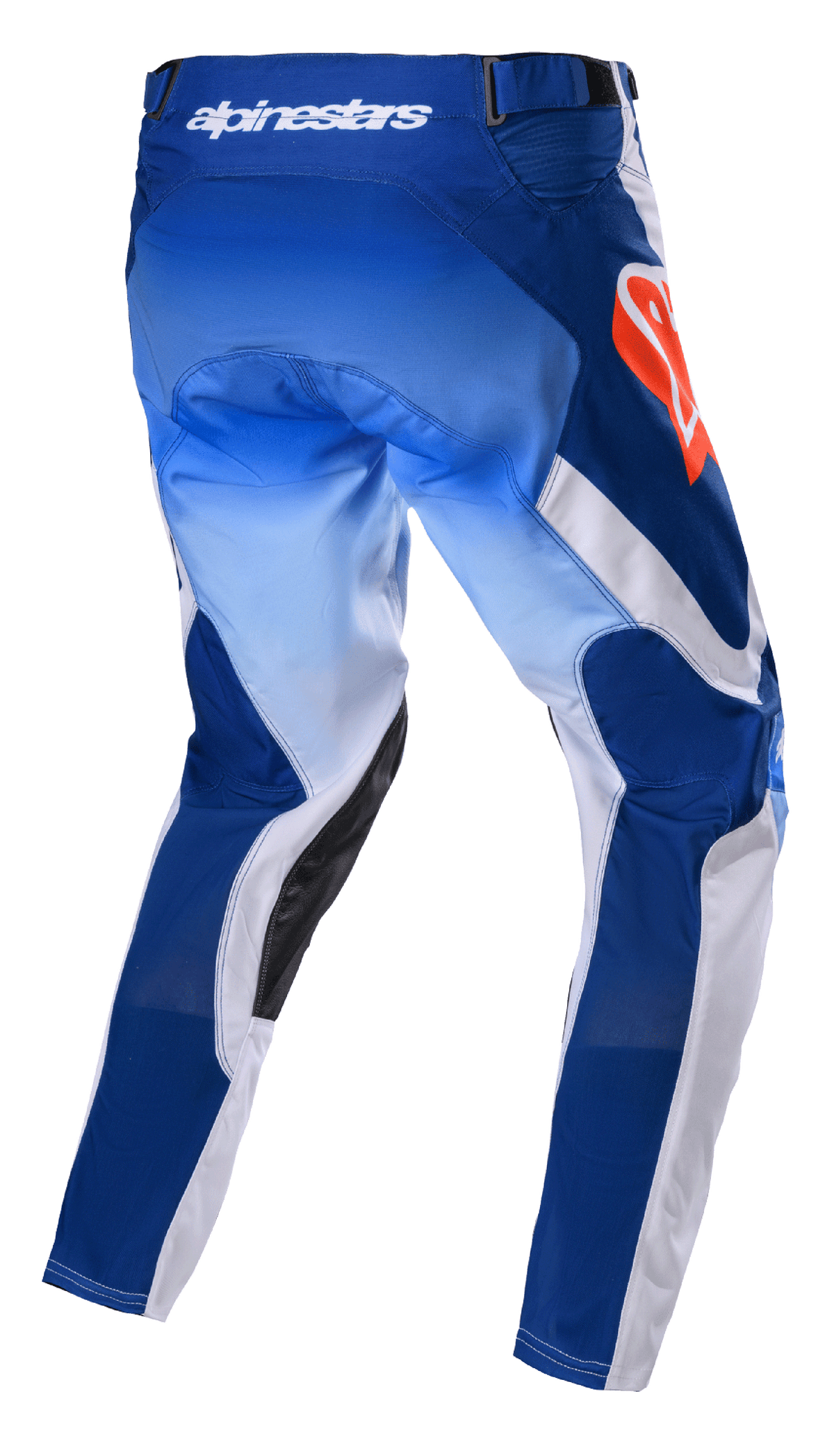 Pantaloni Alpinestars Racer Semi 2023, pantaloni da motocross, Blue Hot Orange, vista posteriore con pannelli blu sfumato e bianchi, logo Alpinestars arancione acceso sull'anca, rinforzi interni in pelle nera, design tecnico per gare fuoristrada