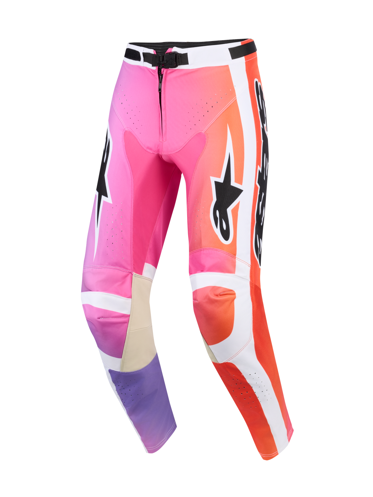Alpinestars 2026 Racer Air Portl Pants, pantaloni da motocross, multicolore rosa, arancione e viola, con pannelli laterali bianchi, loghi Alpinestars neri, zone perforate per la ventilazione e rinforzi interni sulle ginocchia in pelle color cuoio.