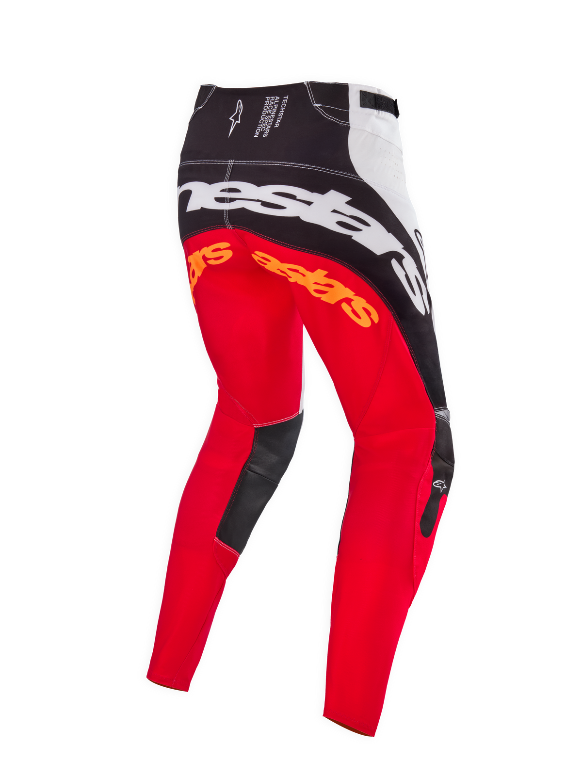 Alpinestars Limited Edition Techstar Deep Pants, pantaloni da motocross, colorazione Black White High Red, vista posteriore con grande marchio Alpinestars bianco sulla seduta, loghi arancioni sulla parte superiore delle gambe e pannelli interni del ginocchio in pelle nera, progettati per il racing fuoristrada professionale