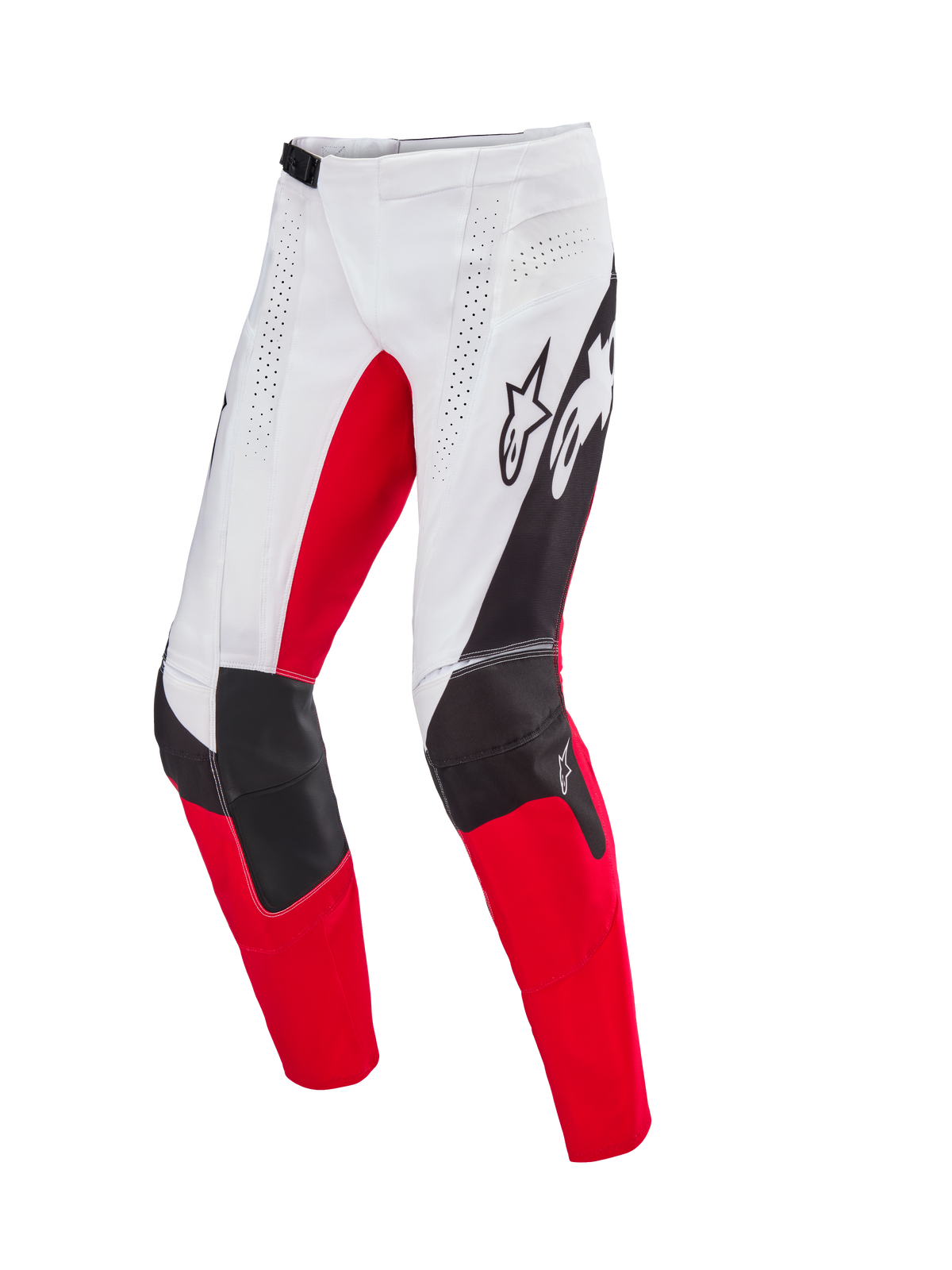 Alpinestars Limited Edition Techstar Deep Pants, pantaloni da motocross, bianco, nero e rosso acceso, con ventilazione traforata al laser, costruzione del ginocchio 3D Babel con pannelli rinforzati e vistoso logo Alpinestars sulle cosce, progettati per prestazioni off-road professionali