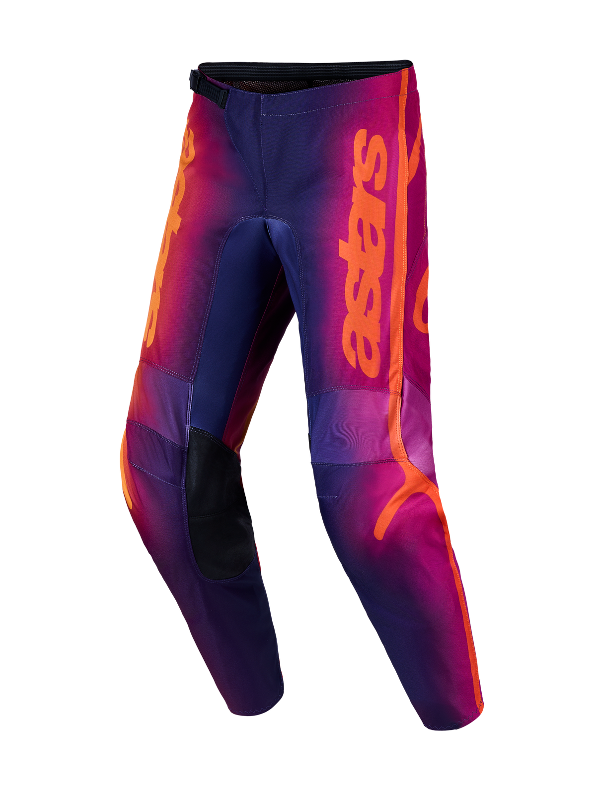 Alpinestars pantaloni Fluid Kepler, pantaloni da motocross da uomo viola e arancione con ginocchia rinforzate e design 3D.
