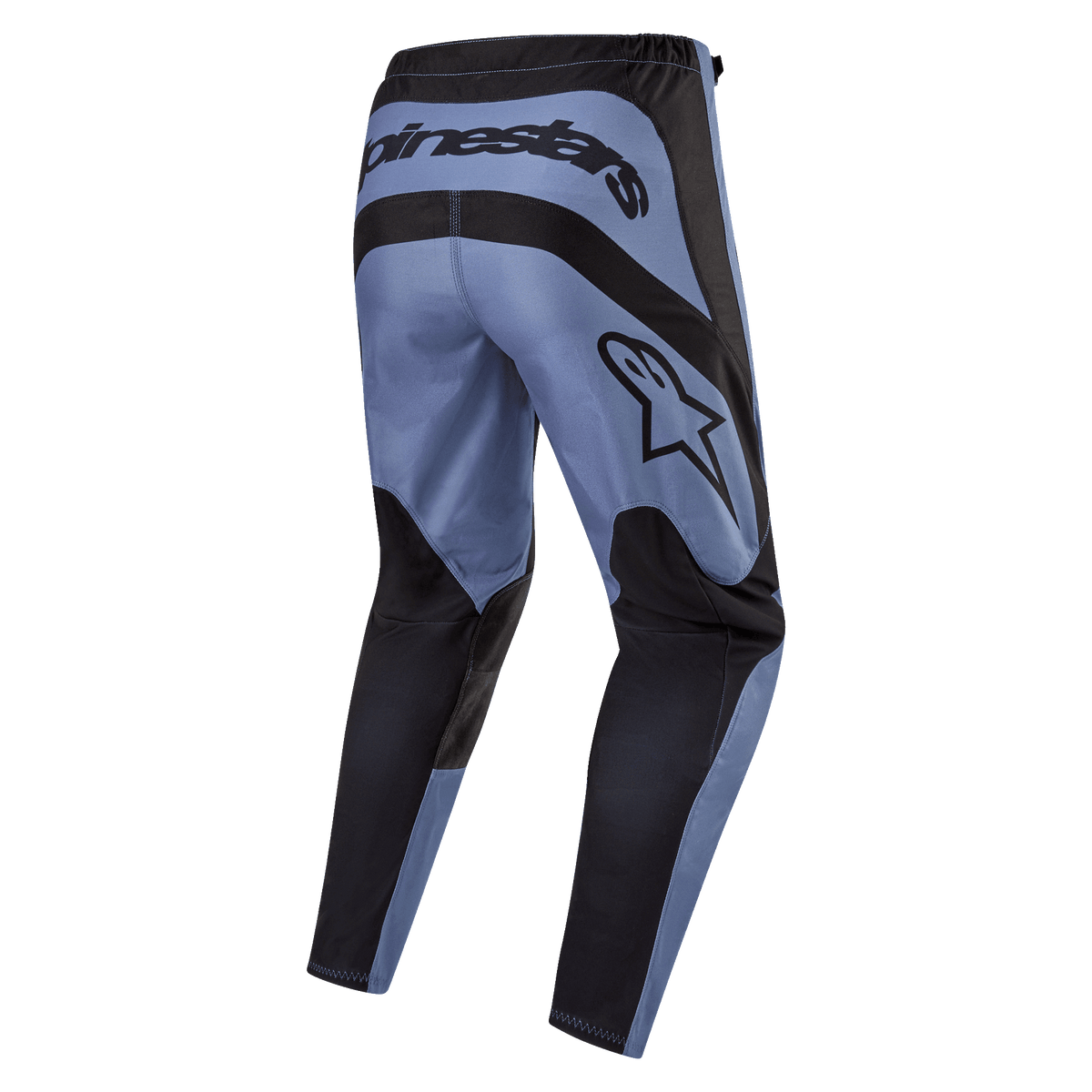 Alpinestars 2024 Fluid Lurv Pants, pantaloni da motocross, azzurro e nero, vista posteriore con vistoso marchio Alpinestars sul retro e sul fianco, pannelli rinforzati neri su seduta e interno gamba, design ergonomico pre-curvato per prestazioni fuoristrada