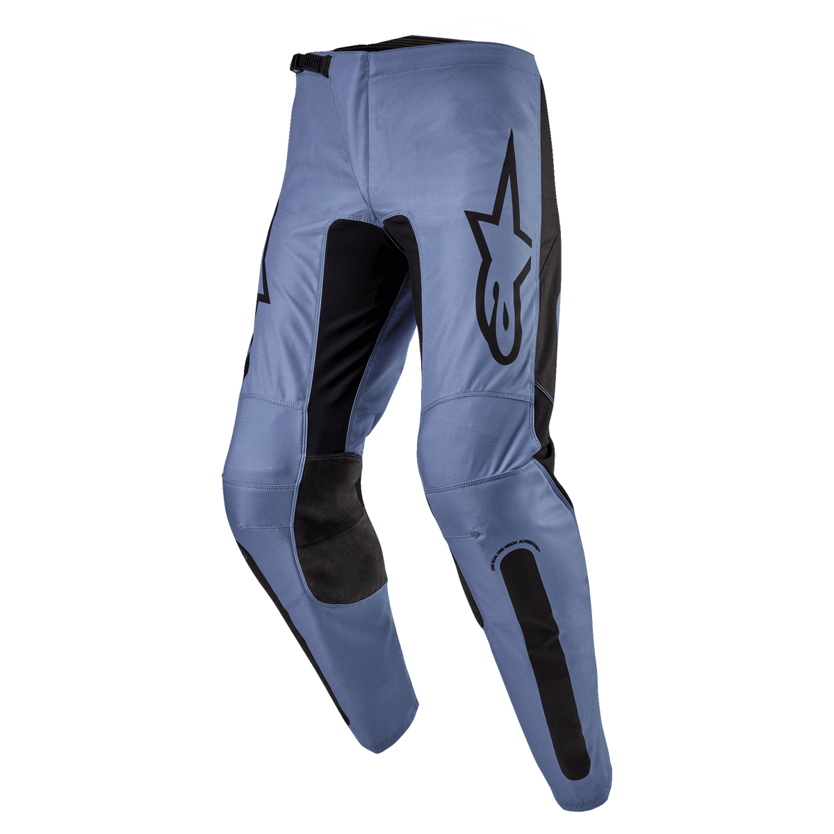 Alpinestars 2024 Fluid Lurv Pants, pantaloni da motocross, azzurro e nero, con un grande logo Alpinestars nero sulla coscia, pannelli interni delle ginocchia rinforzati neri e design ergonomico della gamba pre-curvato per la guida fuoristrada.