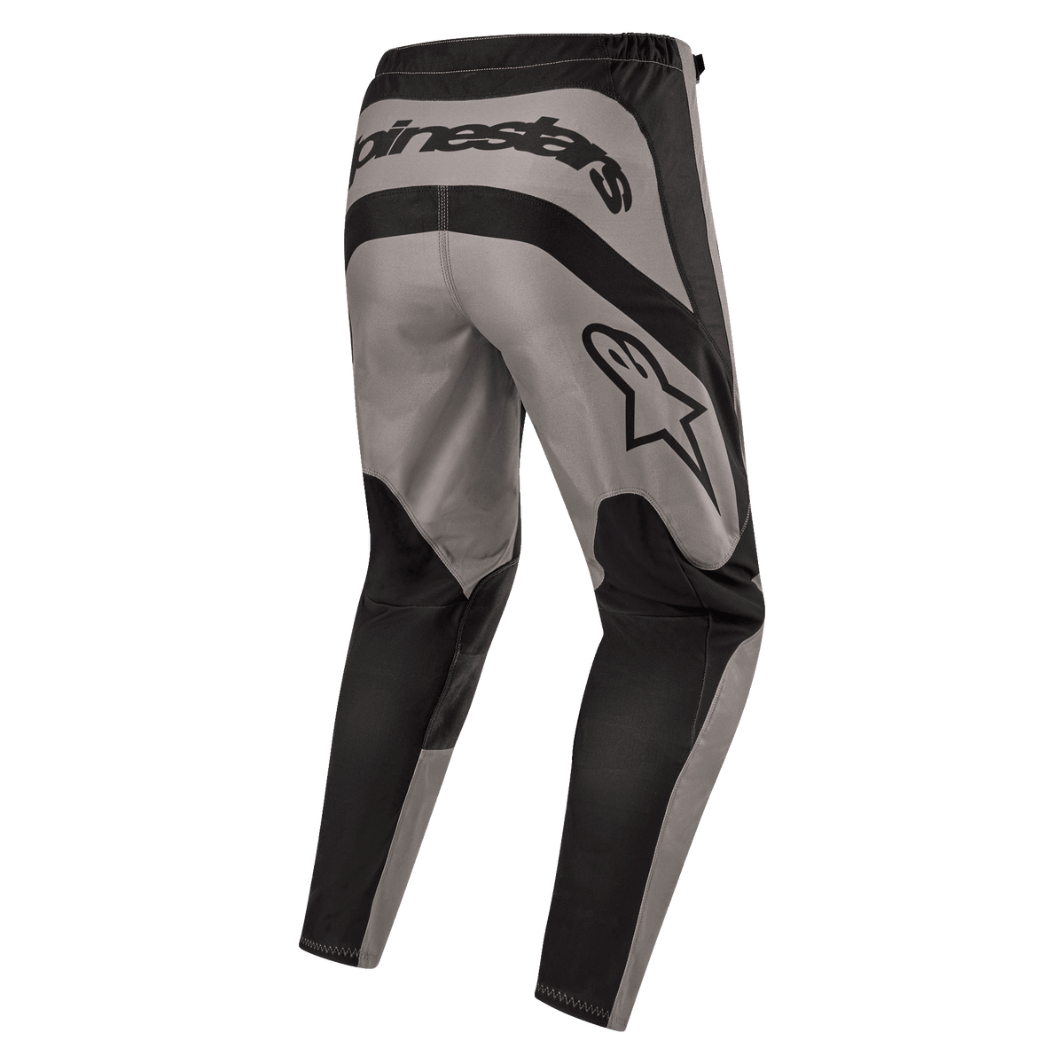 Pantaloni Alpinestars Fluid Lurv 2024, pantaloni da motocross, Mud Black, vista posteriore con logo Alpinestars sul retro e logo a stella sulla coscia destra, design a pannelli grigi e neri in resistente poli-tessuto 600D per la guida fuoristrada