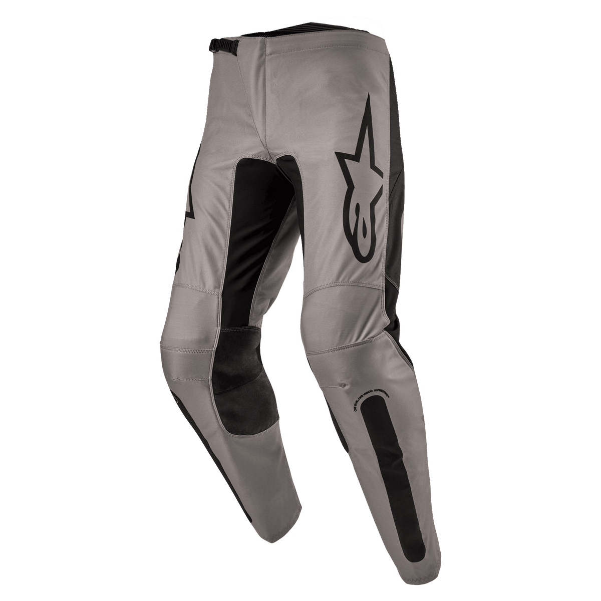 Pantaloni Alpinestars Fluid Lurv 2024, pantaloni da motocross, Mud Black, caratterizzati da un telaio principale grigio-beige con pannelli elastici neri sull'interno gamba e sulle ginocchia, prominente logo Alpinestars nero sulla coscia, design ergonomico pre-curvato per la guida fuoristrada