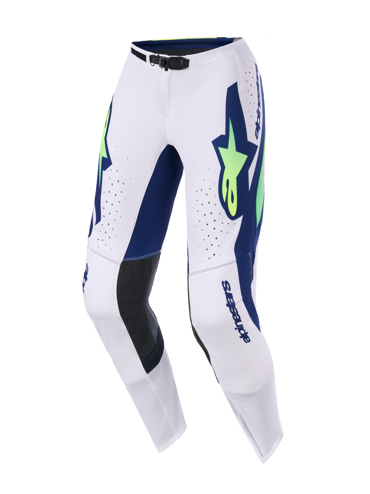 Alpinestars 2026 Supertech Vista Pants, pantaloni da motocross, grigio chiaro, giallo fluo e blu, con vistosi loghi blu e giallo fluorescente, perforazioni laser per la ventilazione, pannelli alle ginocchia in pelle nera e fibbia magnetica di sicurezza in vita.