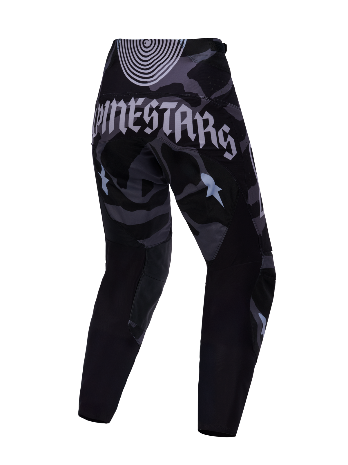 Pantaloni Alpinestars Techstar Beast Coast Edizione Limitata, retro nero e grigio con grafica gotica per il motocross.