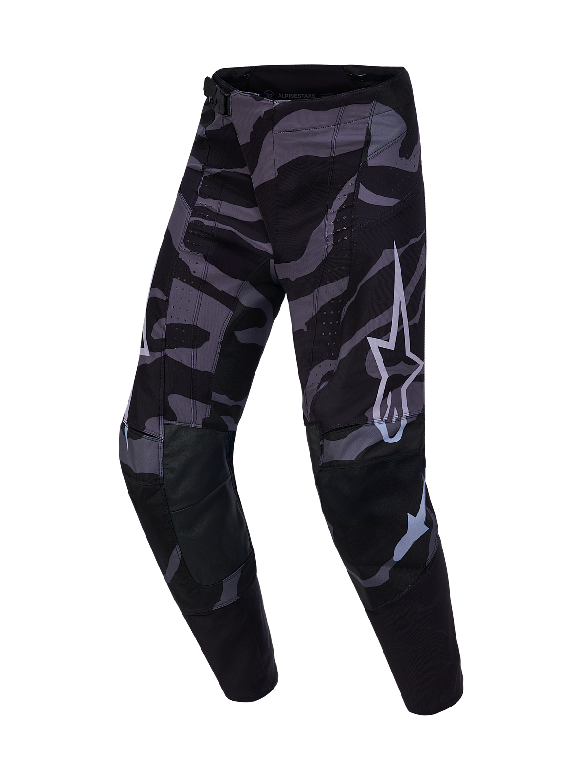 Pantaloni Techstar Beast Coast Alpinestars Edizione Limitata, camo nero e grigio con logo Astars, abbigliamento tecnico MX.