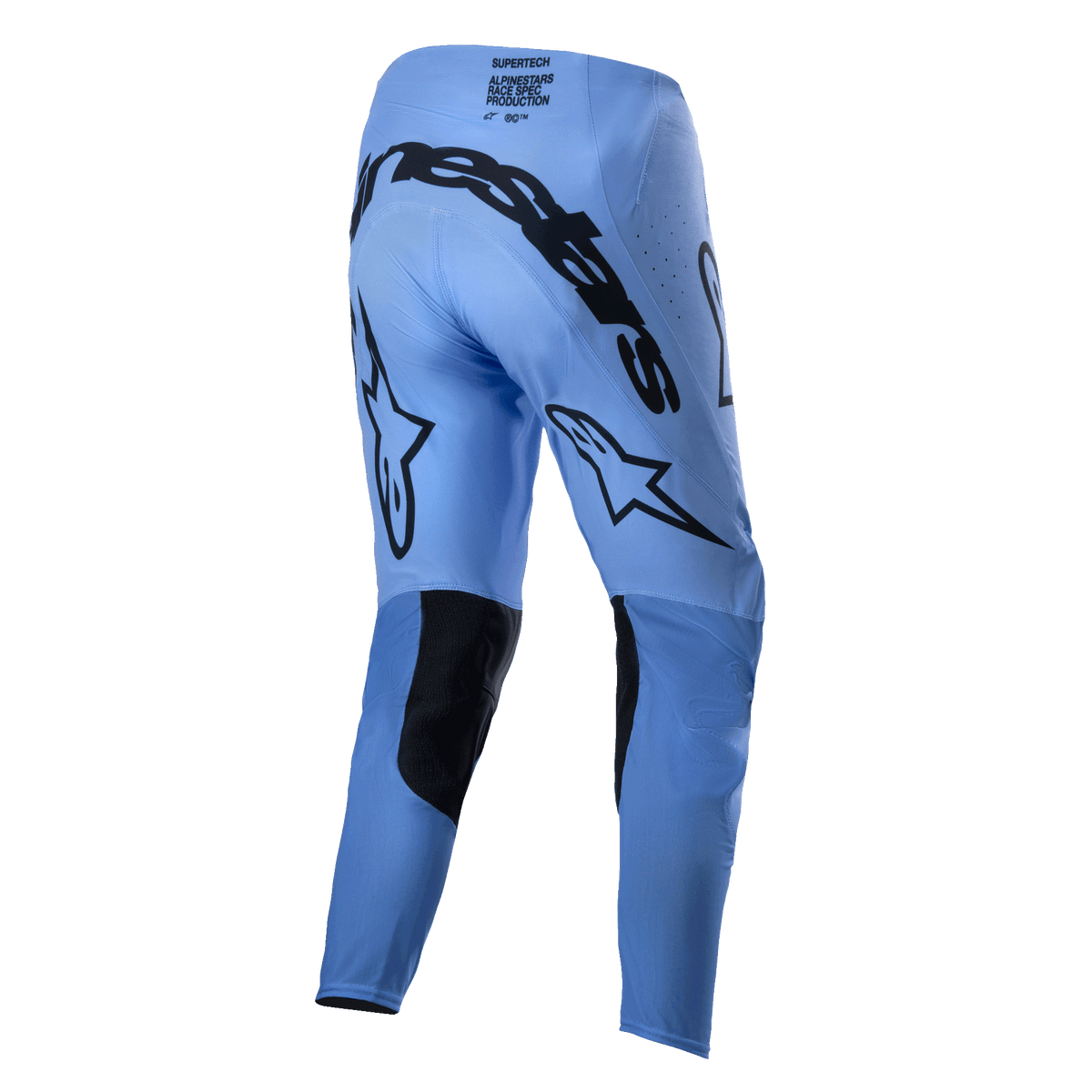 Alpinestars Pantaloni Supertech Dade 2024, pantaloni da motocross, azzurro, vista posteriore che mostra il grande marchio Alpinestars nero sulla seduta, loghi a stella sul retro delle gambe, pannelli rinforzati neri all'interno delle ginocchia e zone di ventilazione traforate.