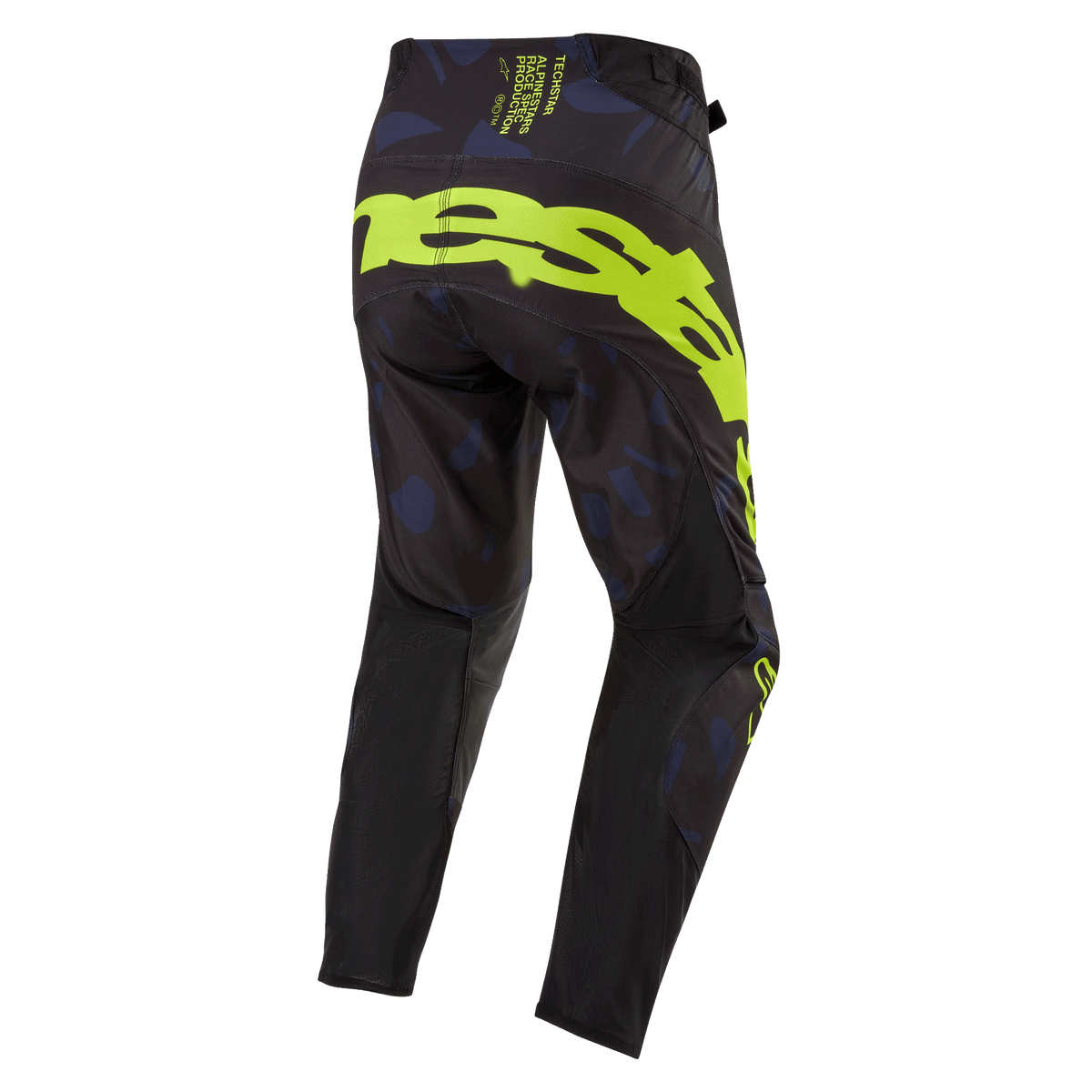 Alpinestars Pantaloni Techstar Rantera 2024, pantaloni da motocross, nero, blu navy e giallo fluo, vista posteriore con logo giallo fluo sulla seduta, pannelli blu navy e tessuto tecnico nero per corse fuoristrada