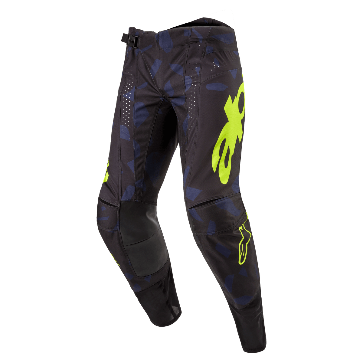 Alpinestars 2024 Techstar Rantera Pants, pantaloni da motocross, nero, navy e giallo fluo, con loghi gialli vivaci, perforazioni laser per la ventilazione e pannelli rinforzati sulle ginocchia, design ispirato alle corse