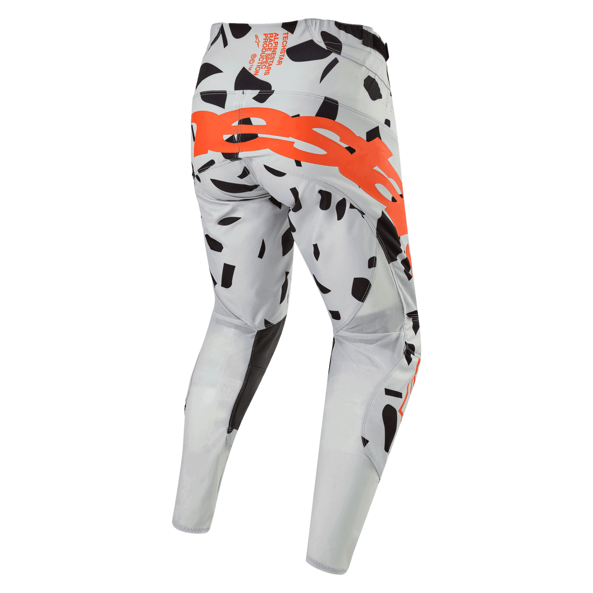 Alpinestars 2024 Techstar Rantera Pants, pantaloni da motocross, Haze Gray Camo, vista posteriore con un grande logo arancione sulla seduta, motivi grafici neri su tessuto grigio, design atletico per prestazioni fuoristrada