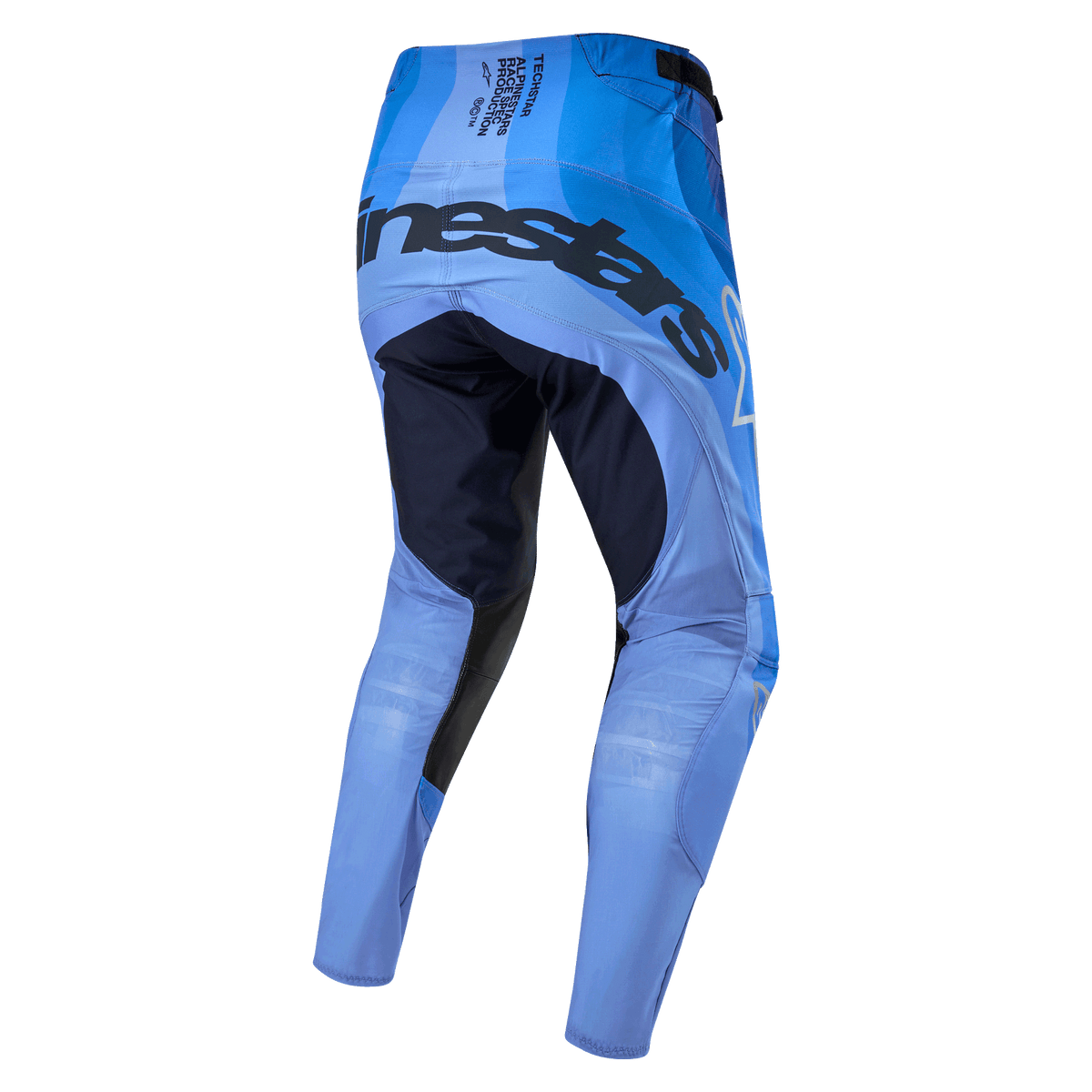 Alpinestars 2024 Techstar Pneuma Pants, pantaloni da motocross, blu scuro e azzurro, vista posteriore con marchio evidente sulla seduta, pannelli rinforzati nell'interno coscia blu scuro e struttura leggera azzurra per prestazioni off-road