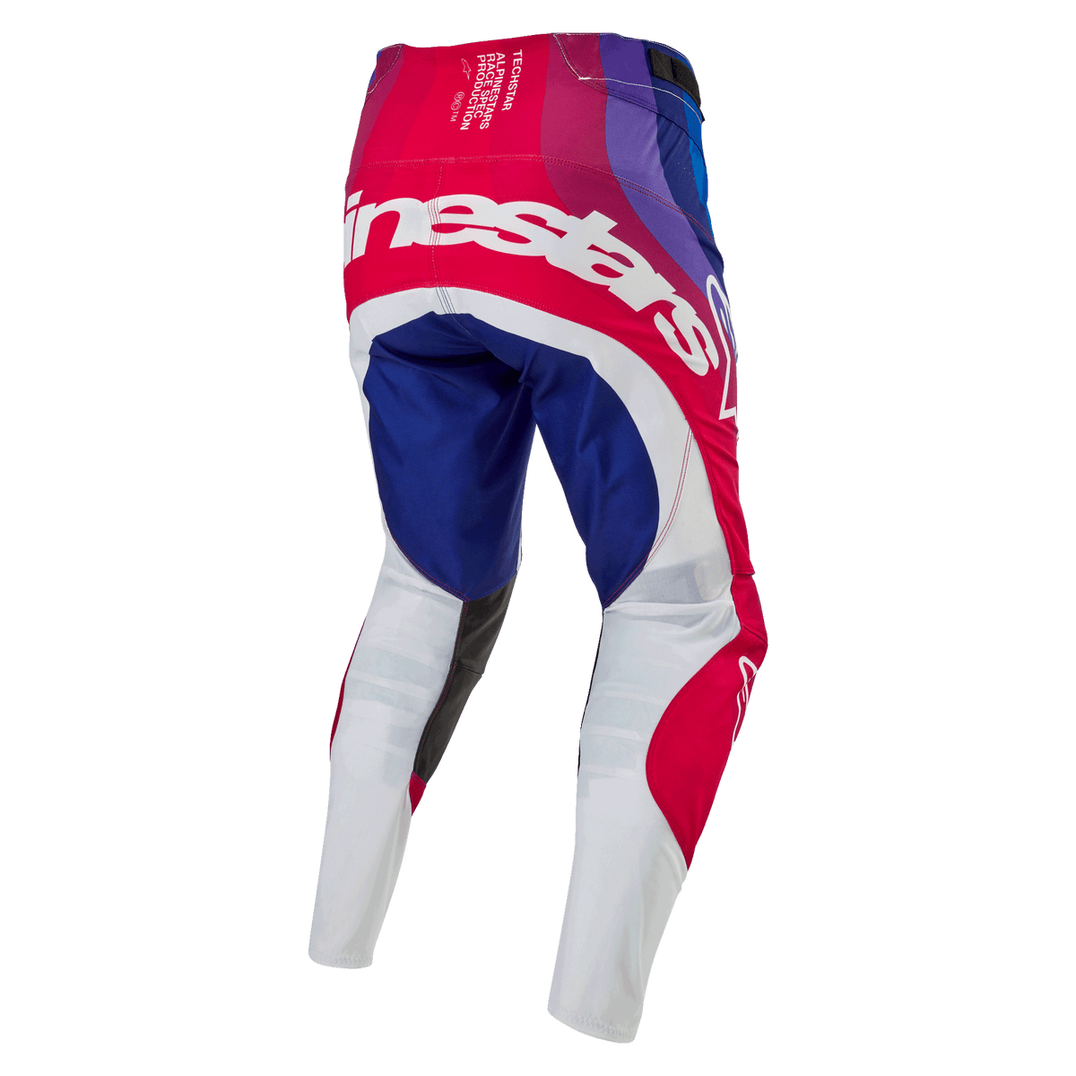 Alpinestars 2024 Techstar Pneuma Pants, pantaloni da motocross, Blu Mars Red White, vista posteriore con grande marchio Alpinestars bianco sulla seduta, pannelli blu e rossi con fondo gamba bianco, design resistente per competizioni fuoristrada