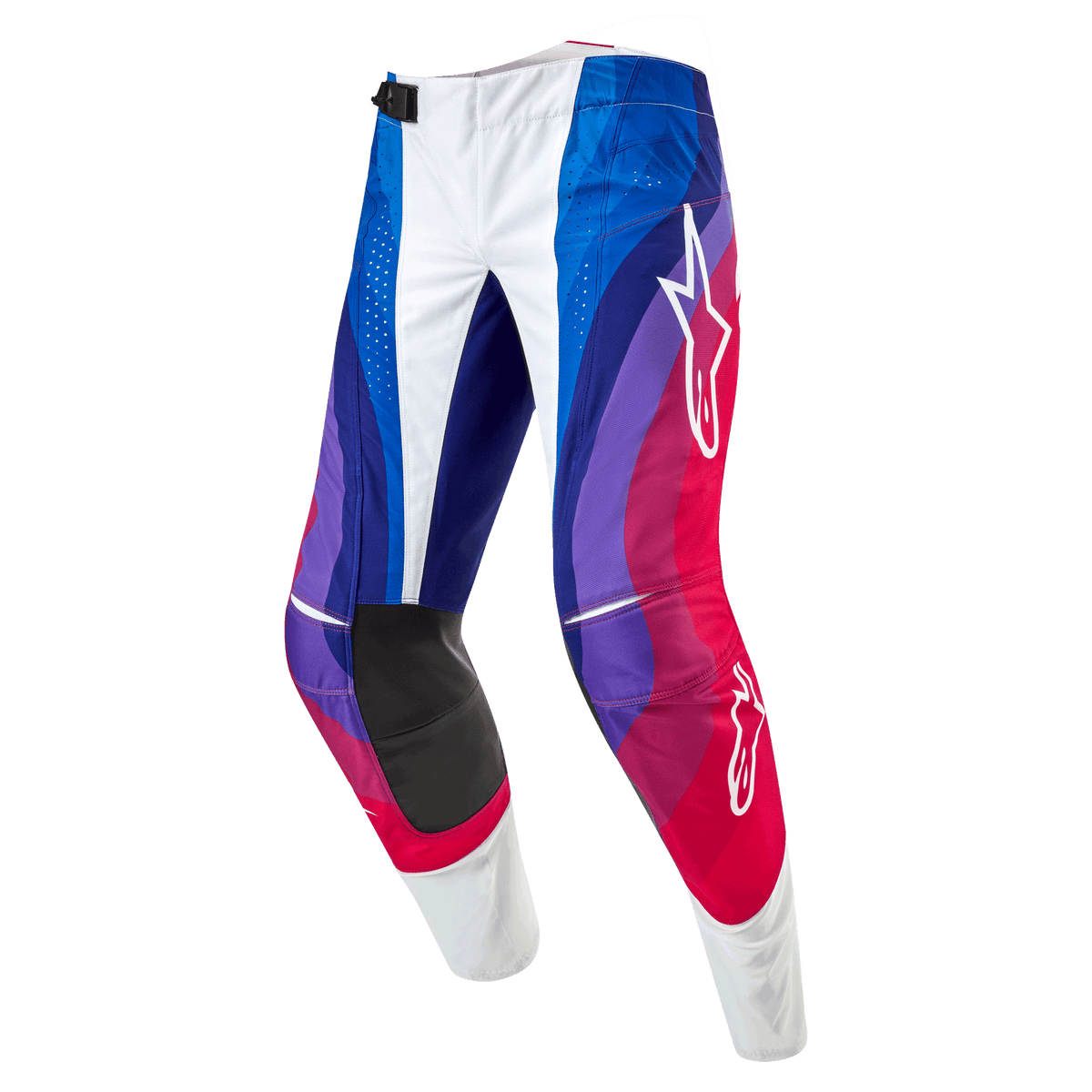Alpinestars Pantaloni Techstar Pneuma 2024, pantaloni da motocross, Blu Mars Rosso Bianco, con motivo dinamico a onde in sfumature di blu, viola e rosso, loghi Alpinestars bianchi e resistenti pannelli interni sulle ginocchia neri