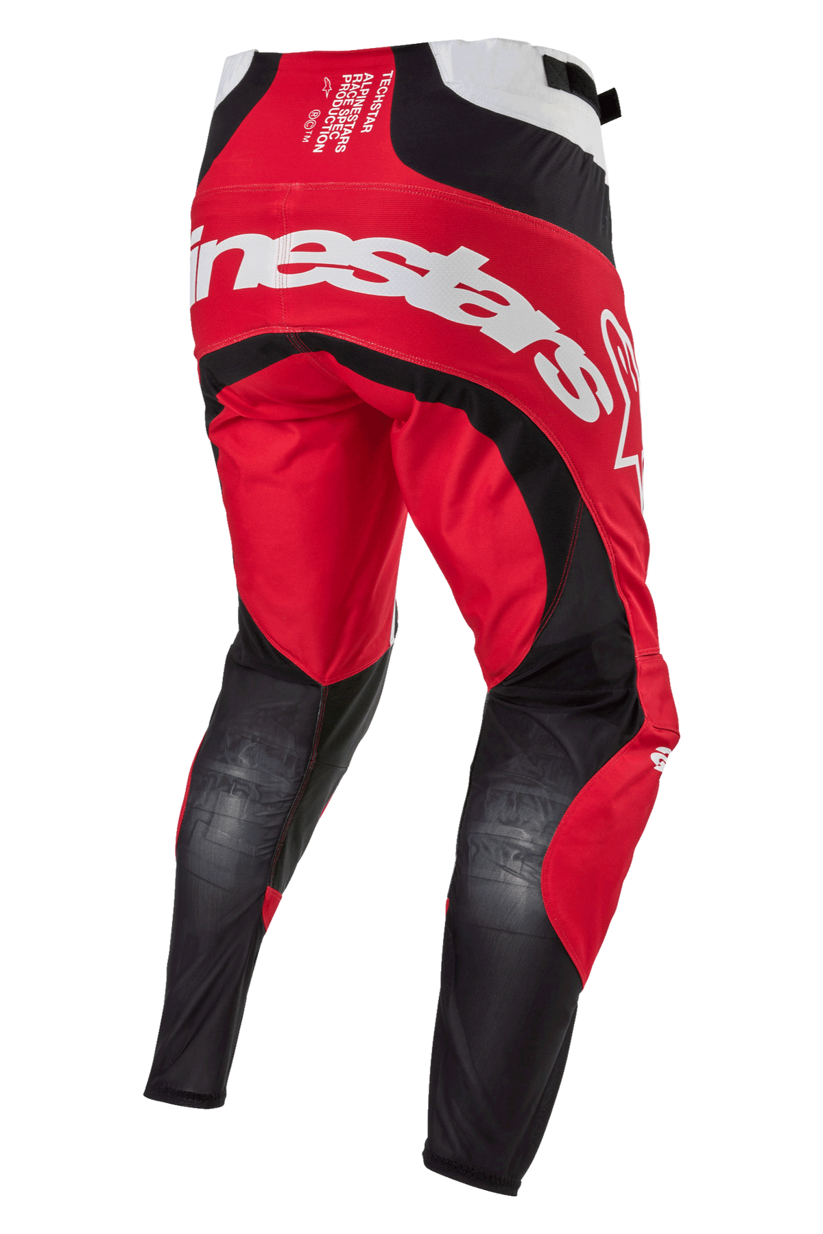 Alpinestars 2024 Techstar Ocuri Pants, pantaloni da motocross, Mars Red bianco e nero, vista posteriore con grande logo Alpinestars bianco sulla seduta, pannelli in mesh nero traspirante sul retro delle gambe, costruzione in tessuto rosso resistente per gare fuoristrada