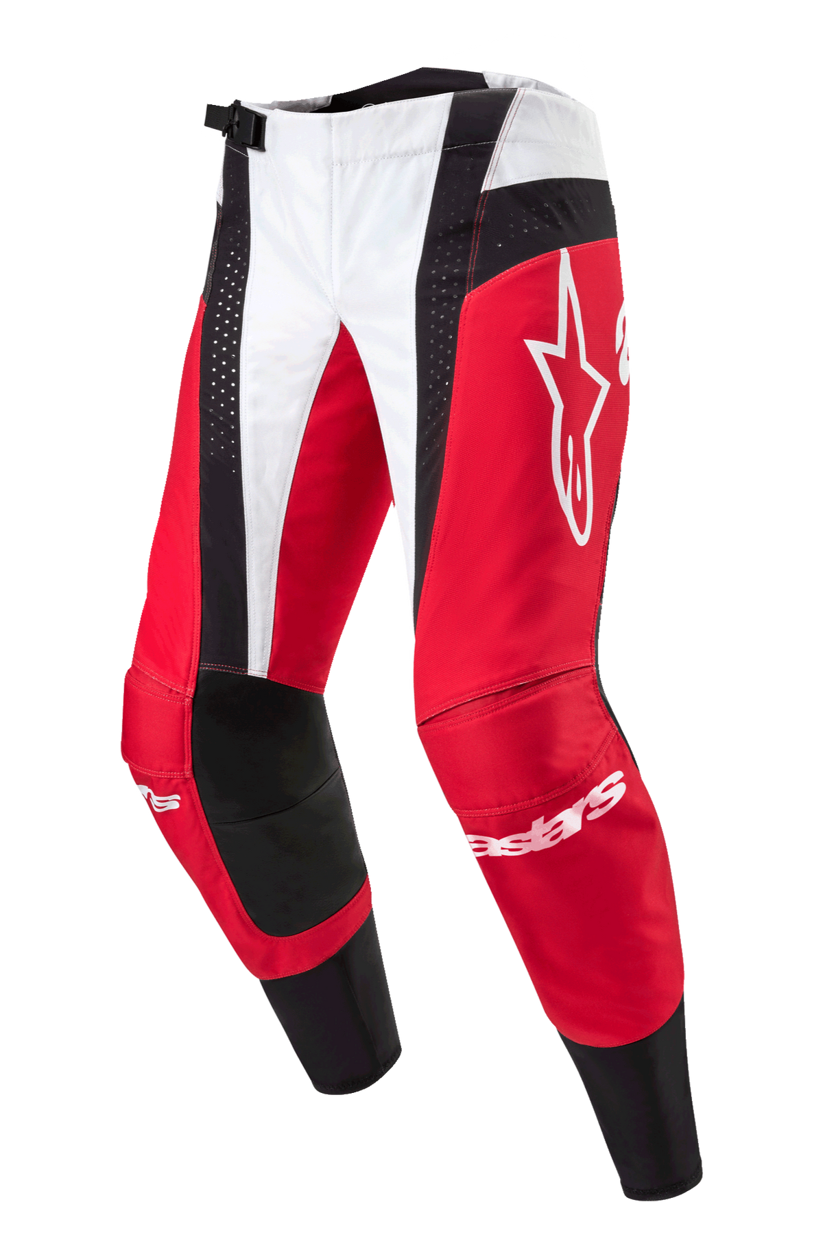 Alpinestars 2024 Techstar Ocuri Pants, pantaloni da motocross, rosso Mars, bianco e nero, con pannelli rossi e bianchi e accenti neri traforati, grande logo Astar bianco sulla coscia, marchio Alpinestars sugli stinchi, design resistente per gare fuoristrada