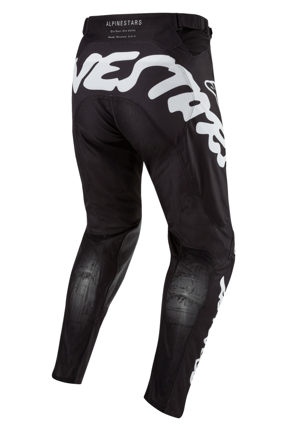 Alpinestars 2024 Racer Hana Pants, pantaloni da motocross, nero con grande logo Alpinestars bianco sulla parte posteriore, pannelli in mesh traspirante sulle gambe, vista da dietro, equipaggiamento protettivo per fuoristrada