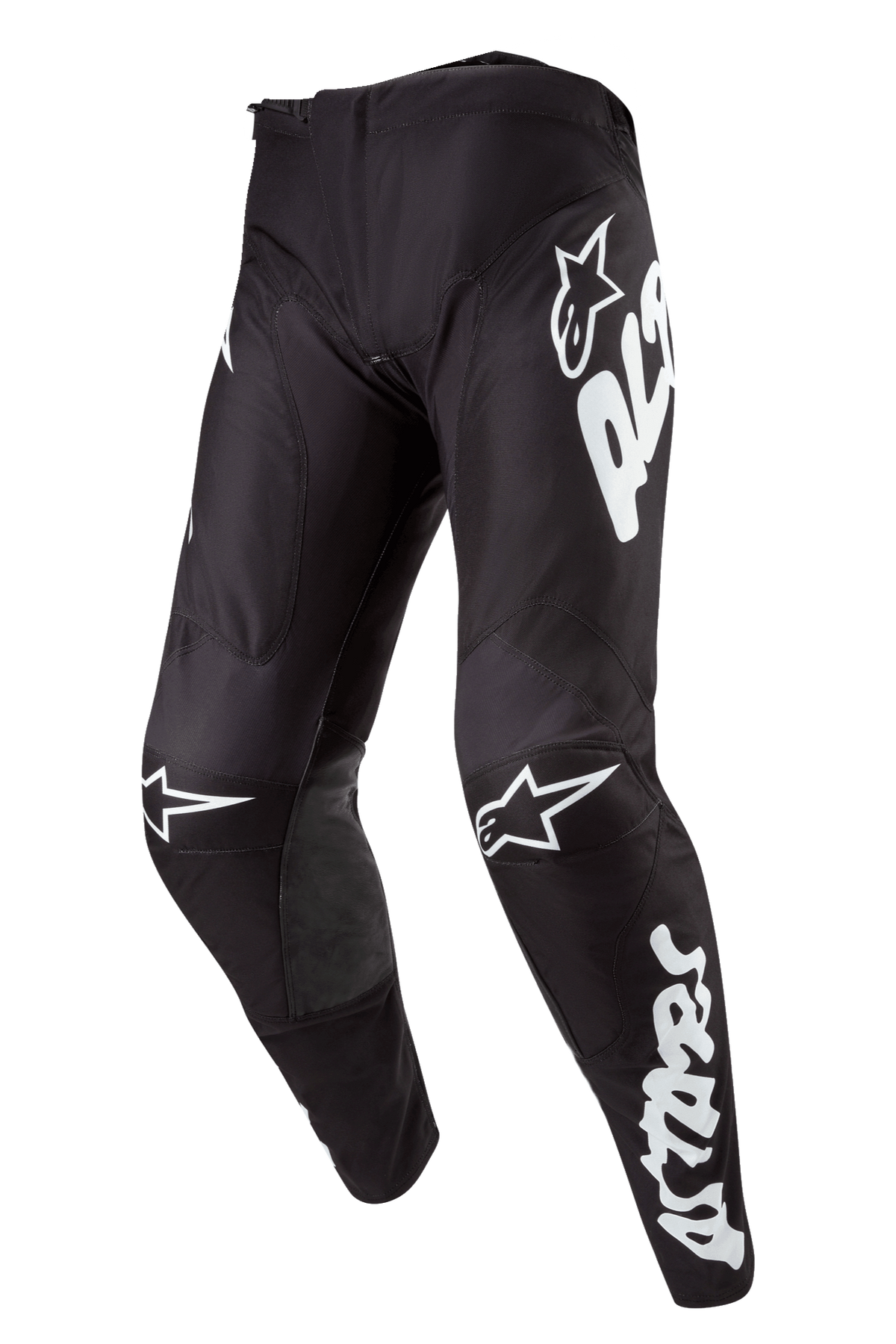 Alpinestars 2024 Racer Hana Pants, pantaloni da motocross, nero e bianco, con loghi Alpinestars bianchi, design ergonomico pre-curvato, equipaggiamento protettivo per fuoristrada
