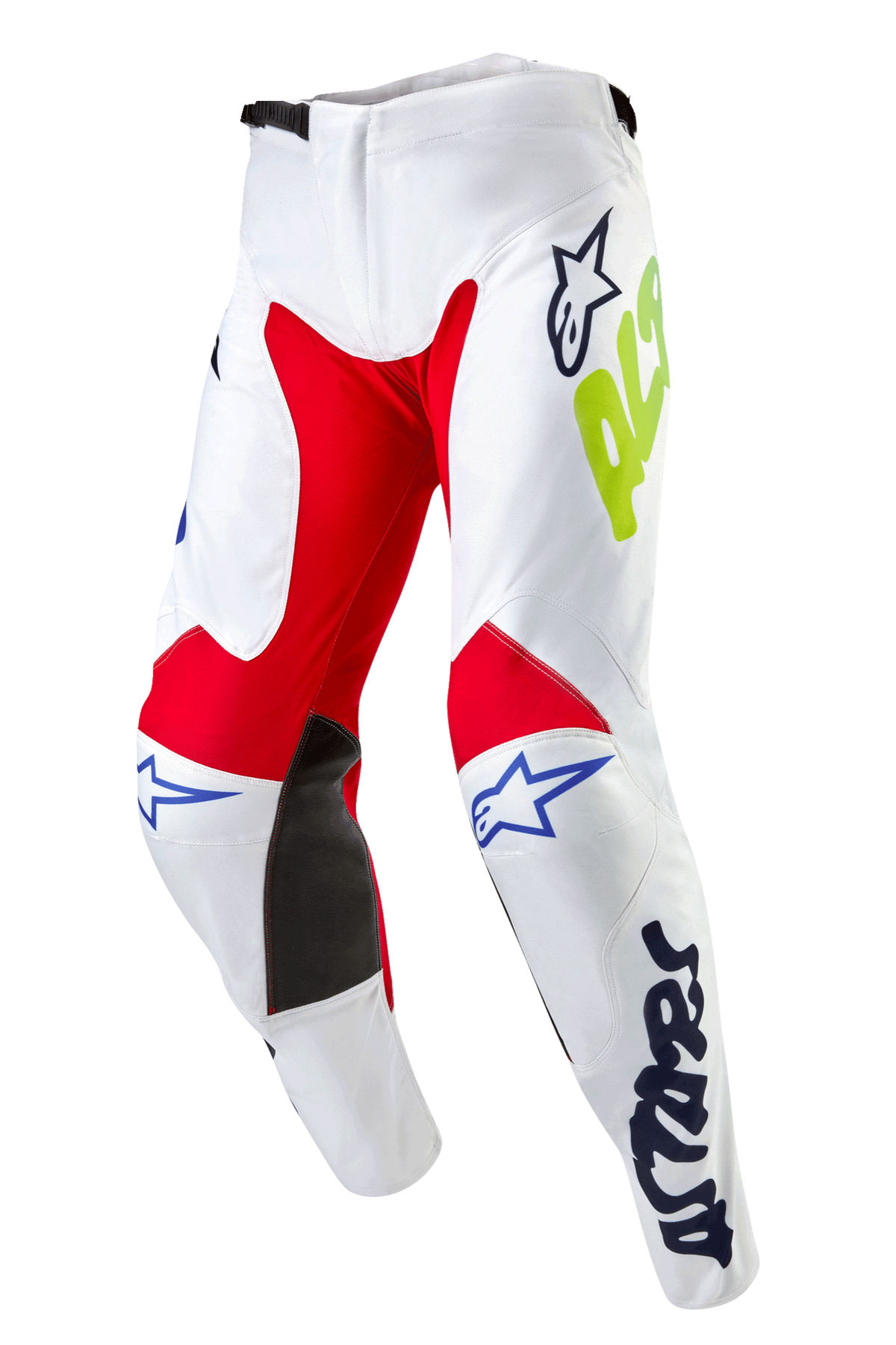 Alpinestars Pantaloni Racer Hana 2024, pantaloni da motocross, bianco multicolore, con pannelli interni alle ginocchia rossi e neri, loghi Astars blu e branding giallo neon, design pre-curvato con chiusura a cricchetto, abbigliamento resistente per corse fuoristrada