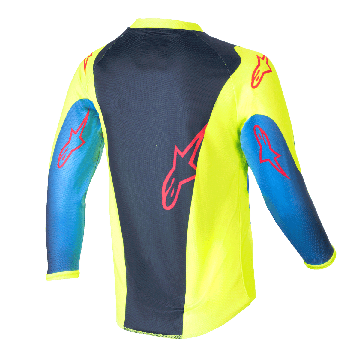 Alpinestars Kids 2024 Racer Graphic 1 Jersey, maglia da motocross, giallo fluo e blu night navy, vista posteriore con loghi a stella rossi, design vivace con pannello centrale blu navy e fianchi gialli, poli-tessuto leggero per guida off-road