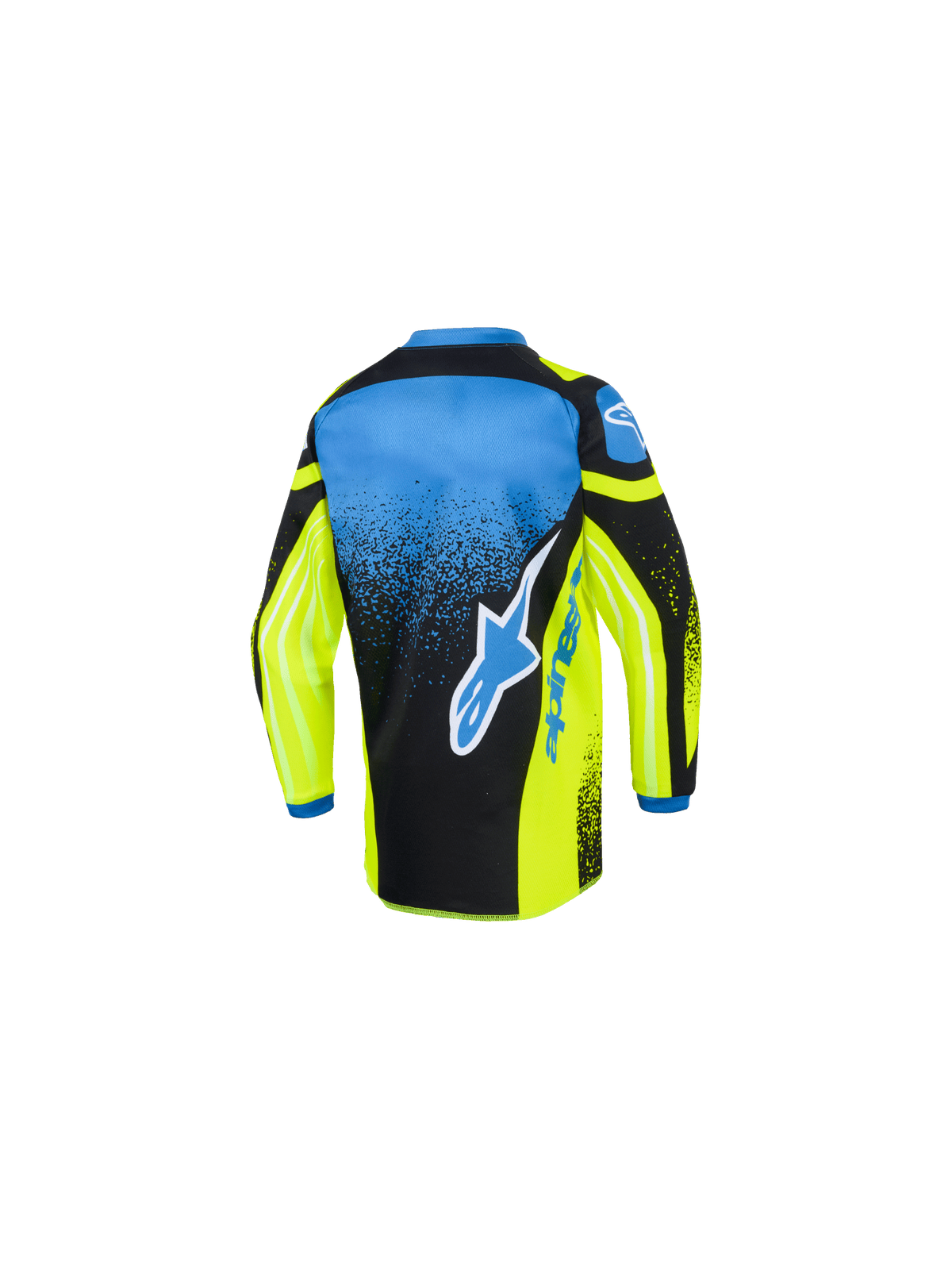 Alpinestars Maglia Racer Nomur Bambino 2026, maglia da motocross, giallo, blu e nero, vista posteriore con grande logo a stella blu e bianco, motivo punteggiato sfumato e orlo posteriore allungato per il fuoristrada