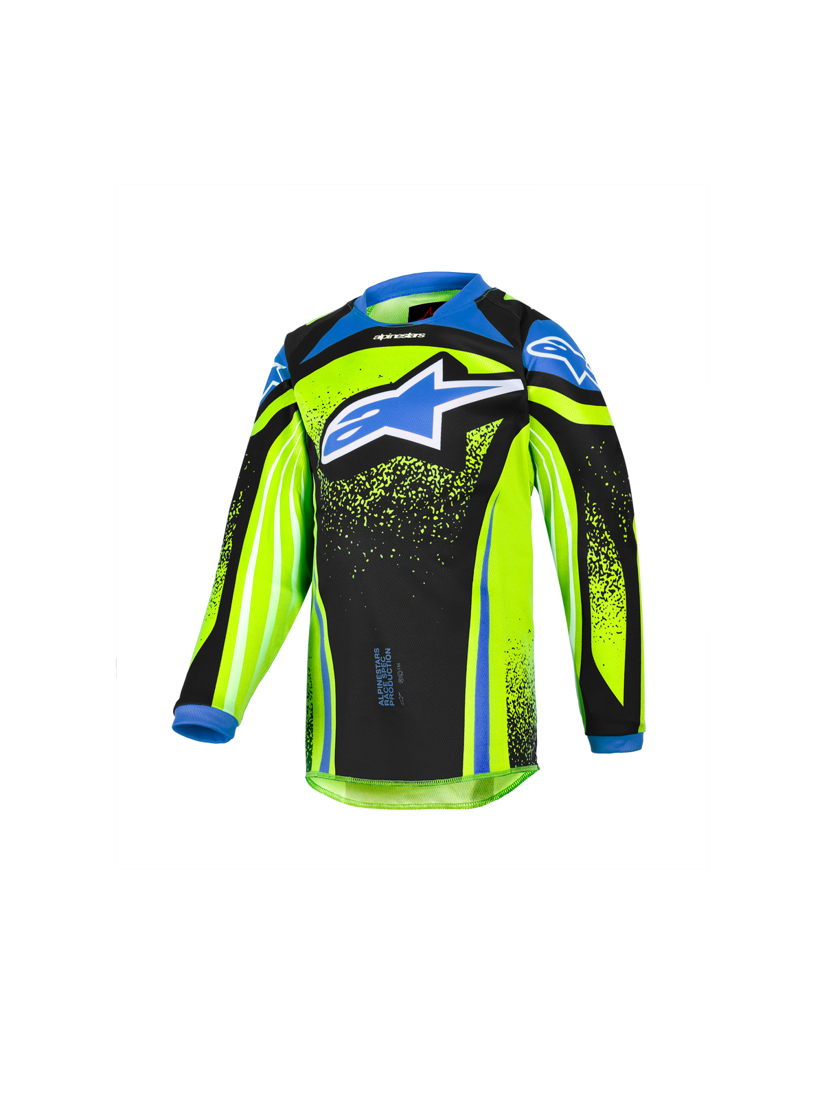 Alpinestars 2026 Kids Racer Nomur Jersey, maglia da motocross per bambini a maniche lunghe, giallo fluo e nero con accenti blu, grande logo stella blu sul petto, tessuto performante leggero e traspirante per la guida off-road