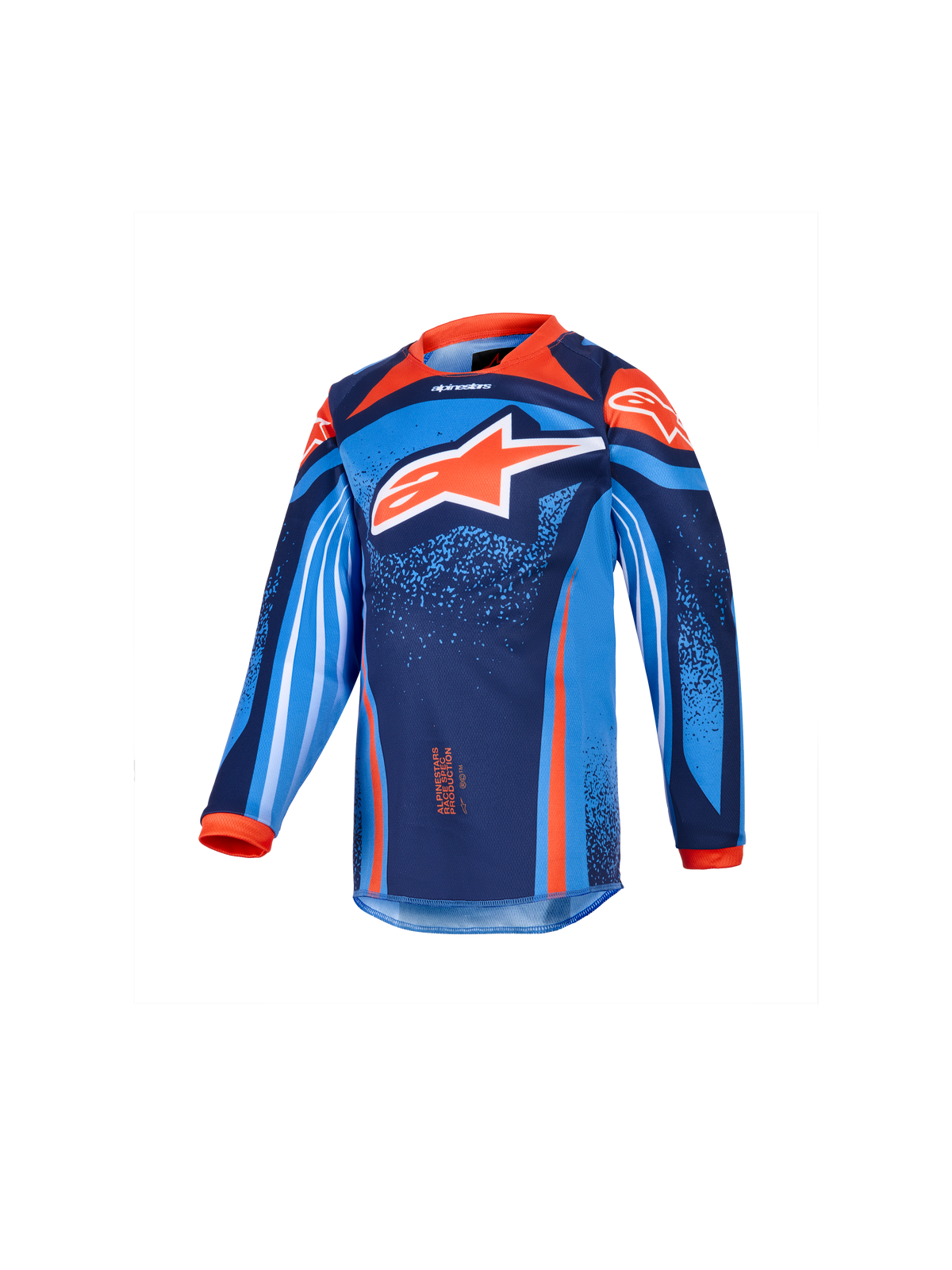 Alpinestars 2026 Kids Racer Nomur Jersey, maglia da motocross a maniche lunghe per ragazzi, blu scuro, arancione e blu UCLA, con un grande logo a stella bianco e arancione, vivaci grafiche geometriche e punteggiate, colletto e polsini arancioni, tessuto tecnico per il motocross giovanile