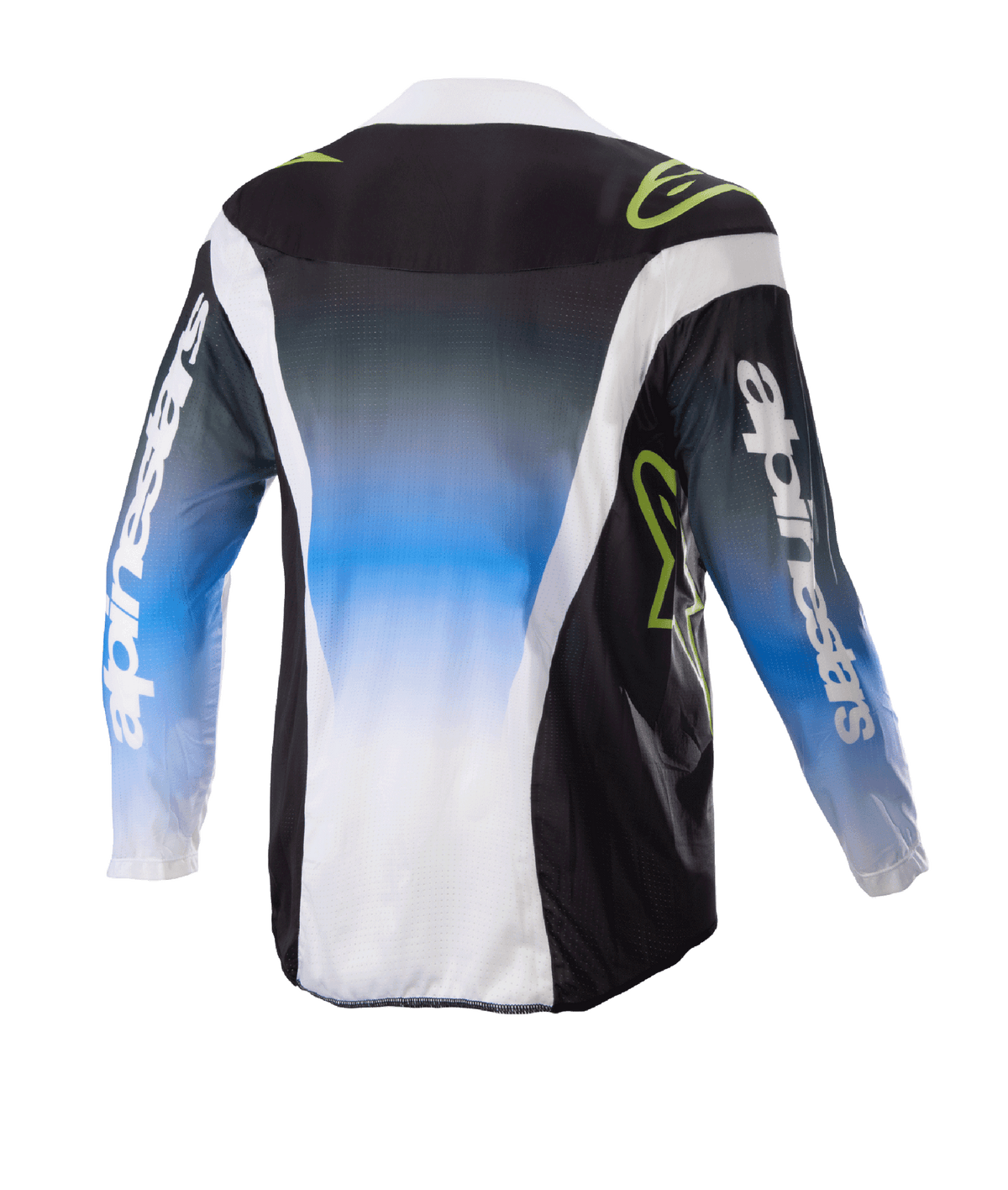 Alpinestars Kids 2023 Racer Push Jersey, maglia da motocross, Nightlife UCLA Blue White e nero, vista posteriore con sfumatura centrale da blu a bianco, loghi verde lime e accenti laterali bianchi, abbigliamento da fuoristrada a maniche lunghe