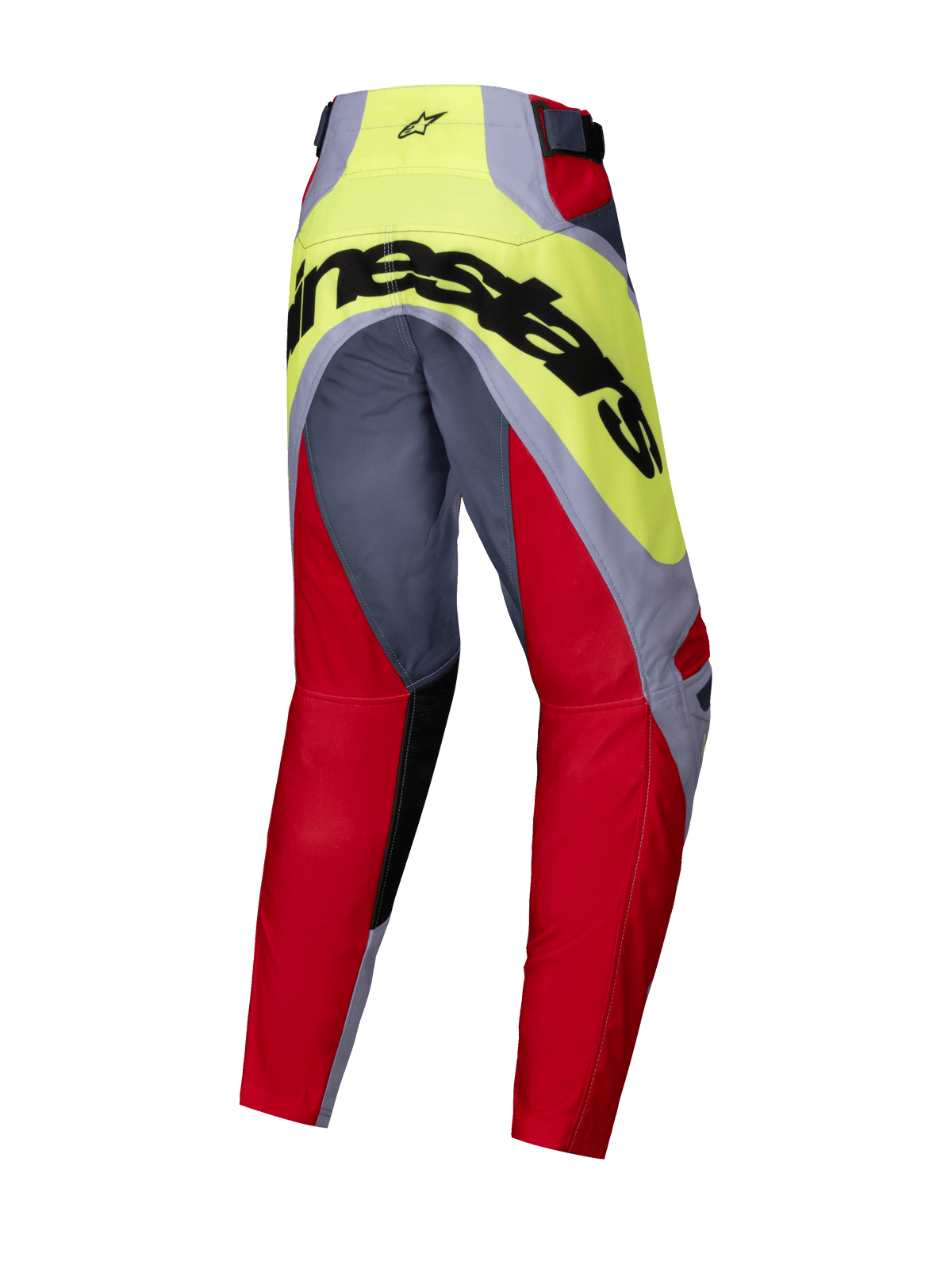 Alpinestars pantaloni Youth Racer Melt 2025, pantaloni da motocross, rosso acceso e grigio con giallo neon, vista posteriore con grande marchio Alpinestars nero sulla seduta, design pre-curvato per prestazioni off-road